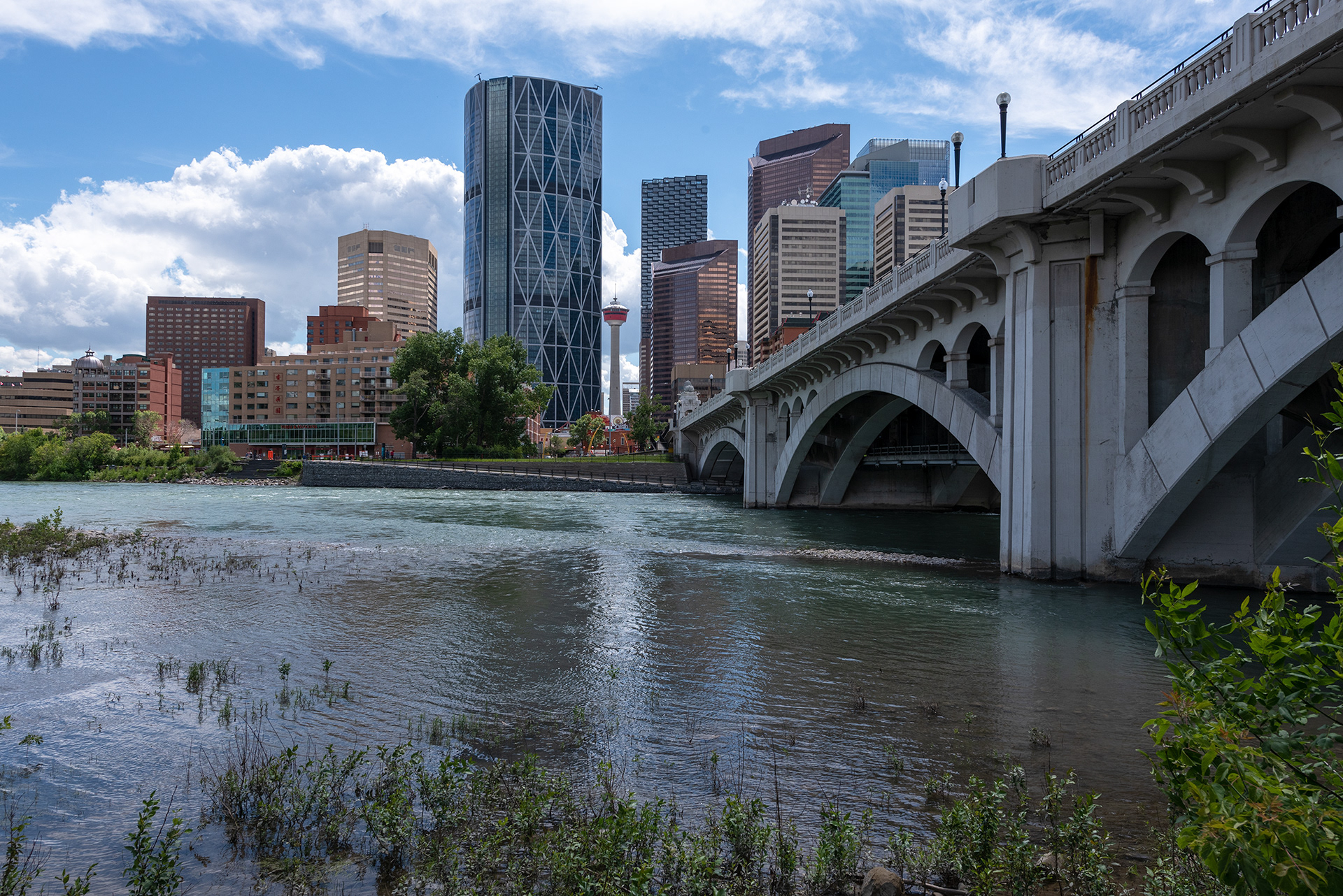 Downtown and Centre Street Bridge view from the Pathway alongside Memorial Drive, Calgary, Alberta