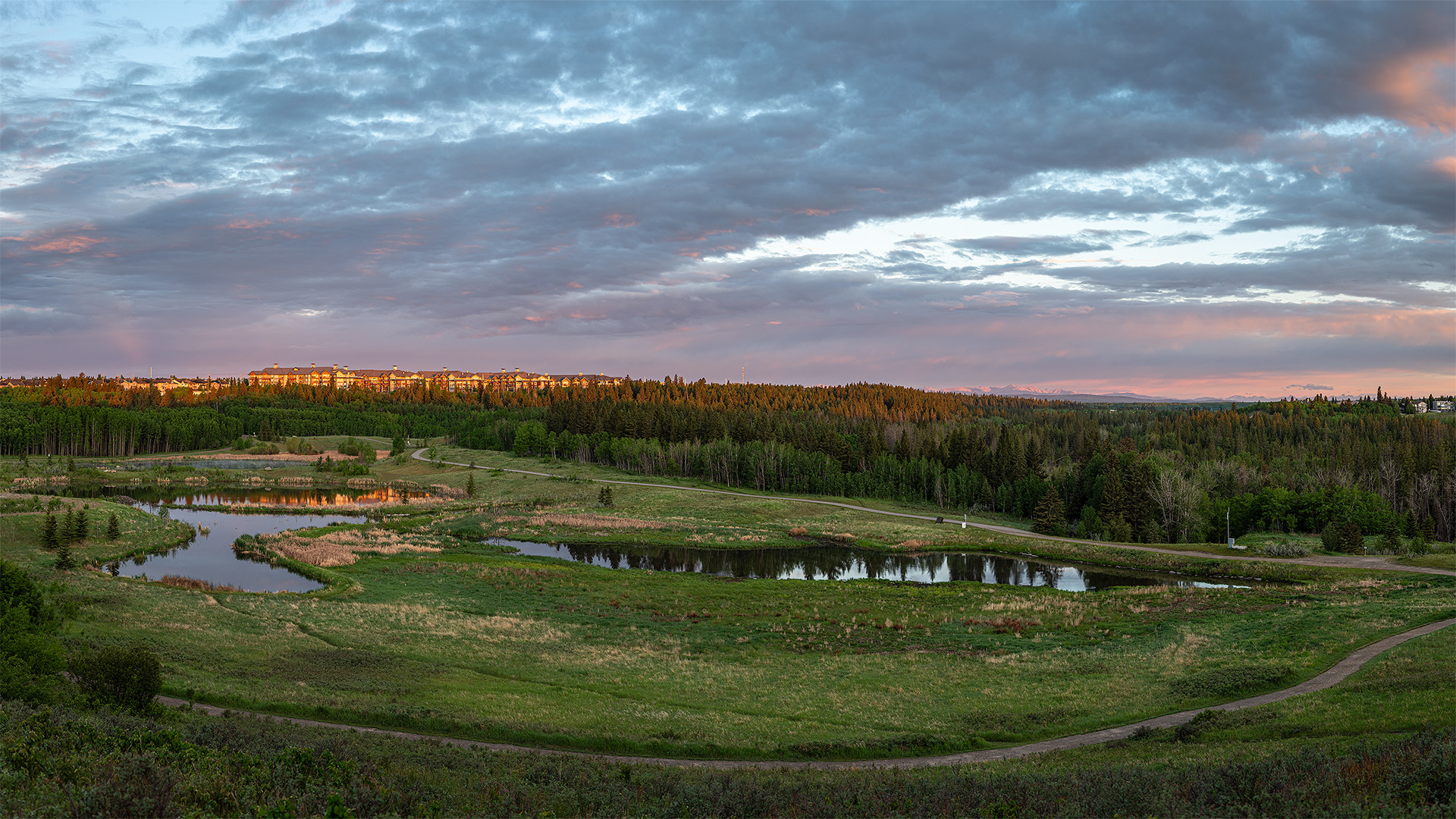 16x9 Panoramic Landscape (5 shot) of the Marshall Springs ponds area [Sunrise, Golden Hour (Sun elevation 0.4 degrees)], Fish Creek Provincial Park, Calgary, AB