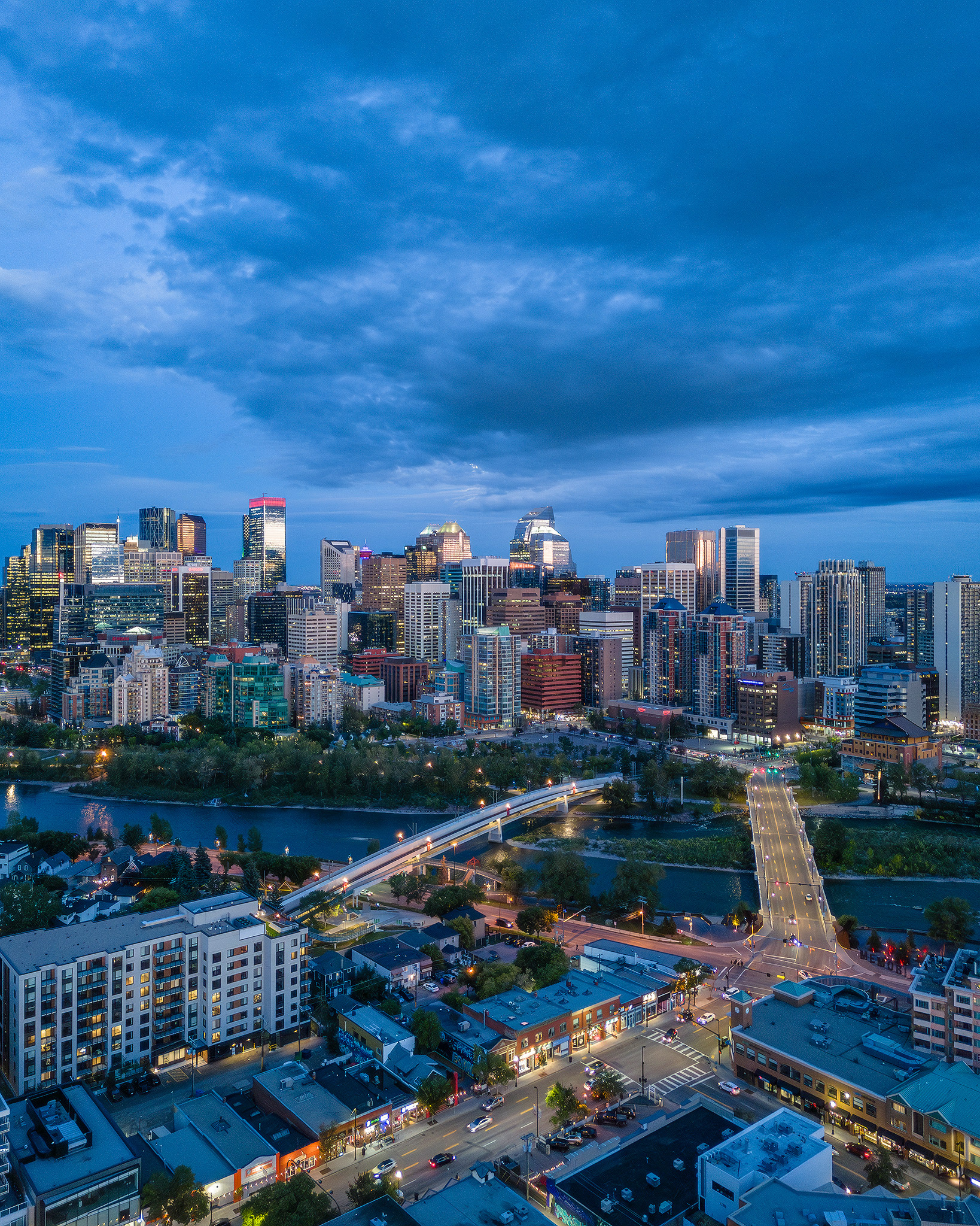 Evening twilight aerial photo of the Downtown skyline, Calgary, AB - September 15th
