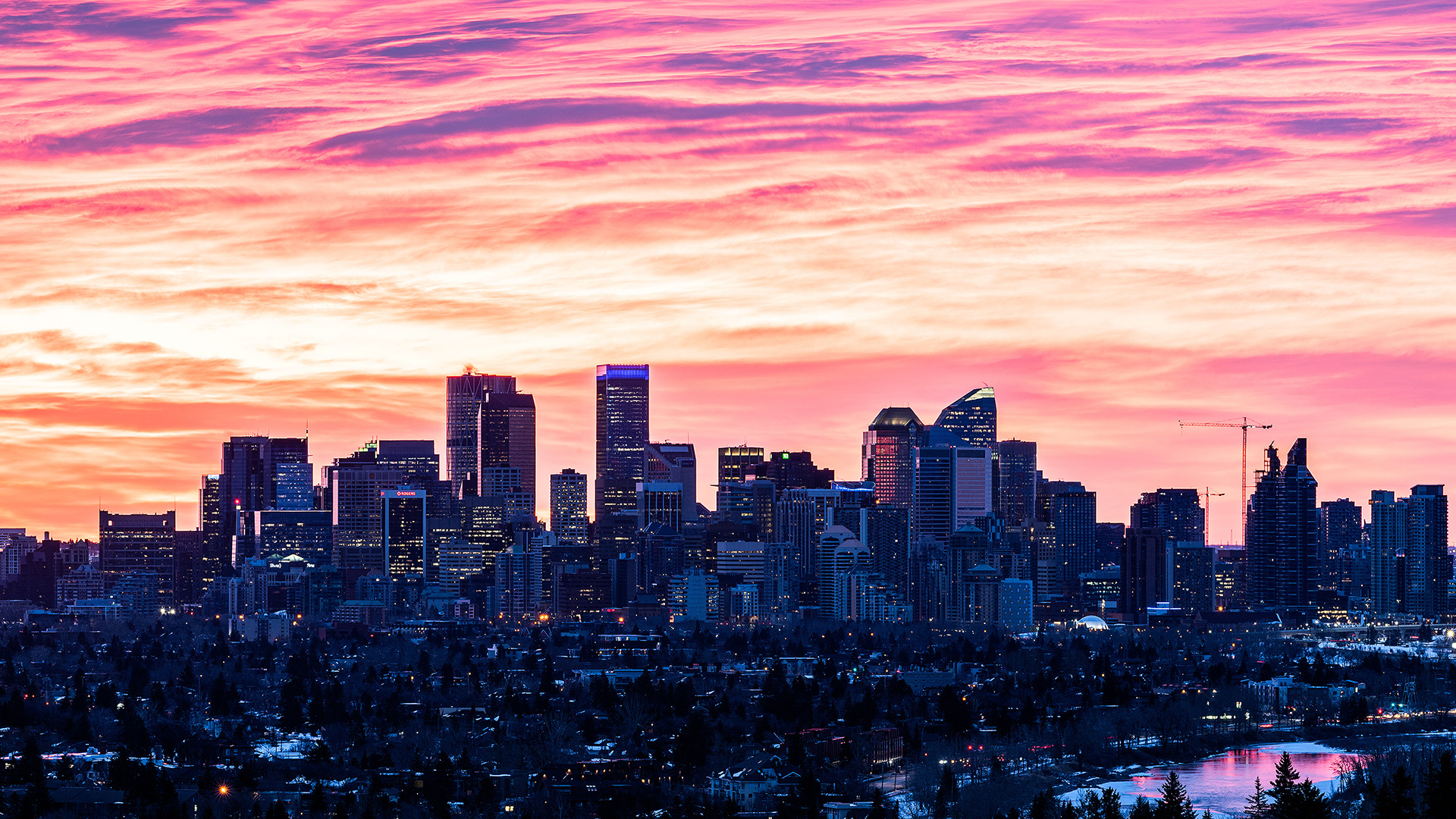 Downtown Calgary (18 minutes before sunrise) from Edworthy Park, Calgary, AB