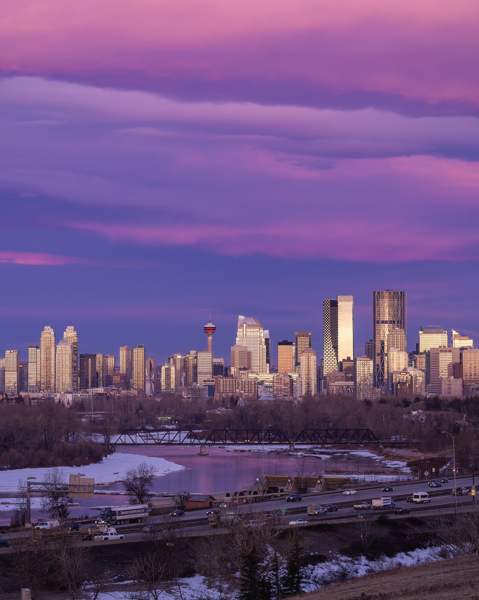 A photo of the Downtown Calgary skyline, around sunrise, from near Max Bell Centre, Calgary, AB - April 2nd
