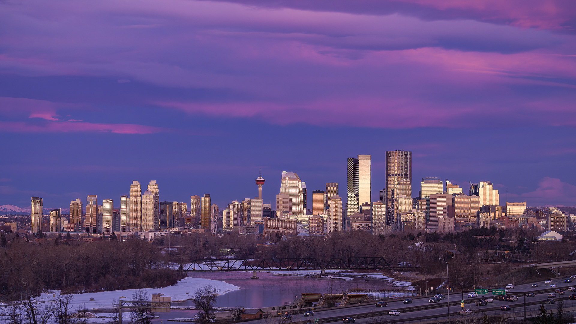 A photo of the Downtown Calgary skyline, around sunrise, from near Max Bell Centre, Calgary, AB - April 2nd