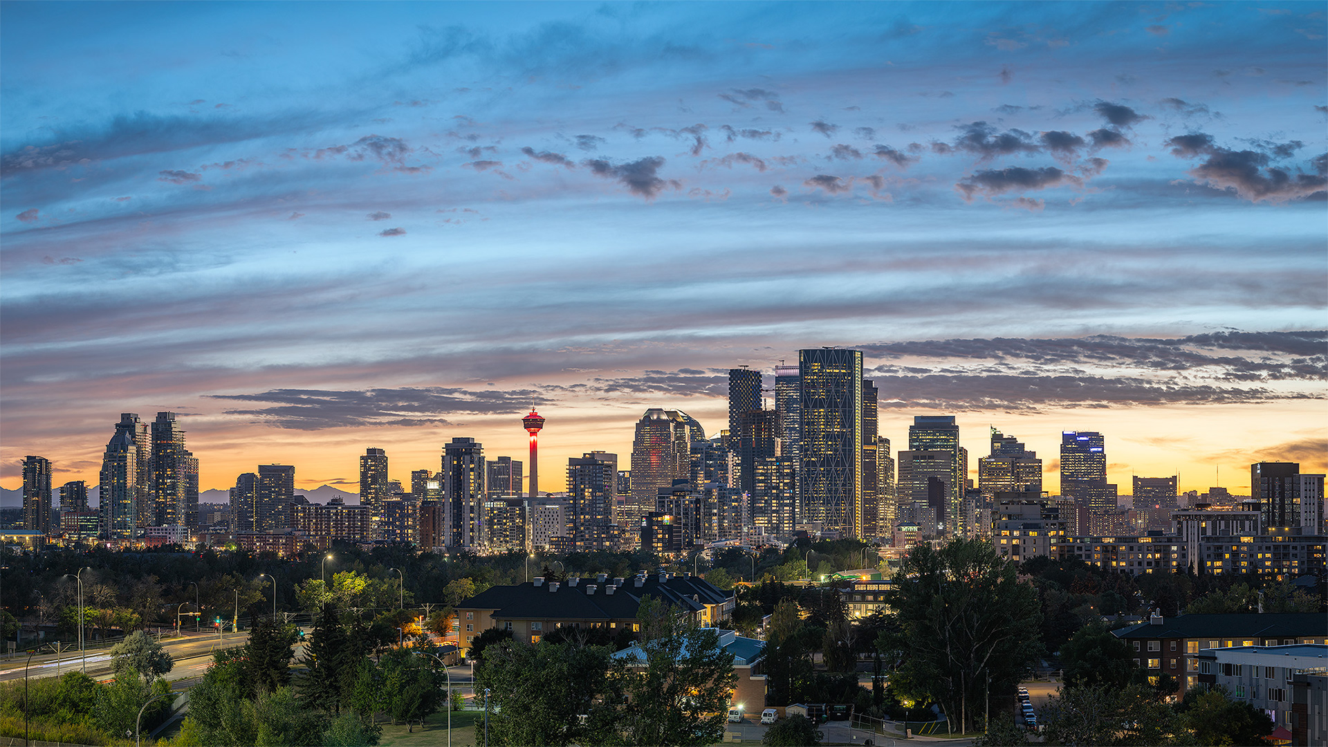 Sunset behind the Downtown Calgary skyline, from Tom Campbell's Hill Natural Park, Calgary, AB - September 22nd (8:07 PM)