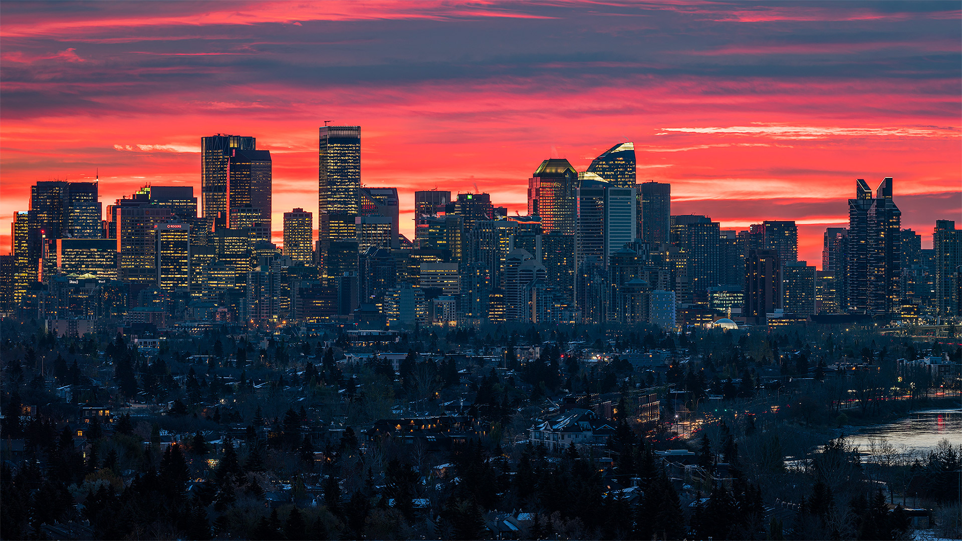 16:9 panoramic (3 shot) image of the Downtown Calgary skyline (28 minutes before Sunrise), from Edworthy Park, Calgary, AB - October 28th (7:54 AM, 59 Mp)