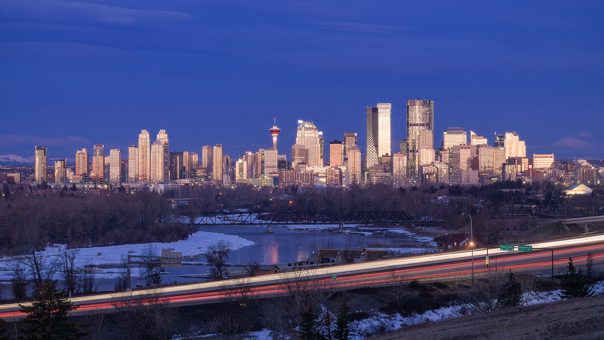 A photo of the Downtown Calgary skyline, around sunrise, from near Max Bell Centre, Calgary, AB - April 2nd