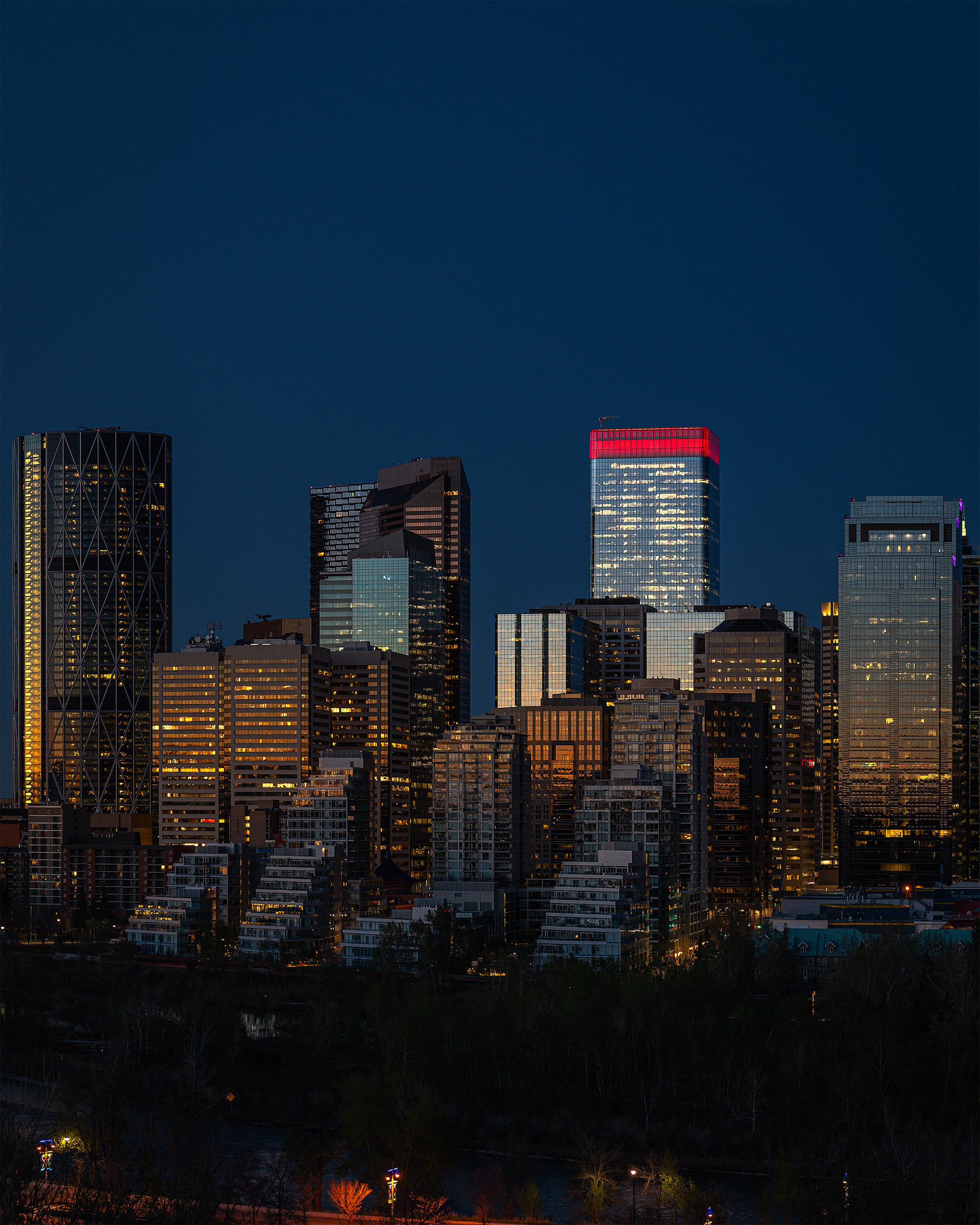 4x5 Panoramic Cityscape (2 shot) of the downtown skyline (Civil Twilight/Blue Hour, Sun elevation -5.6 degrees), from the Crescent Heights Lookout Point, Calgary, AB