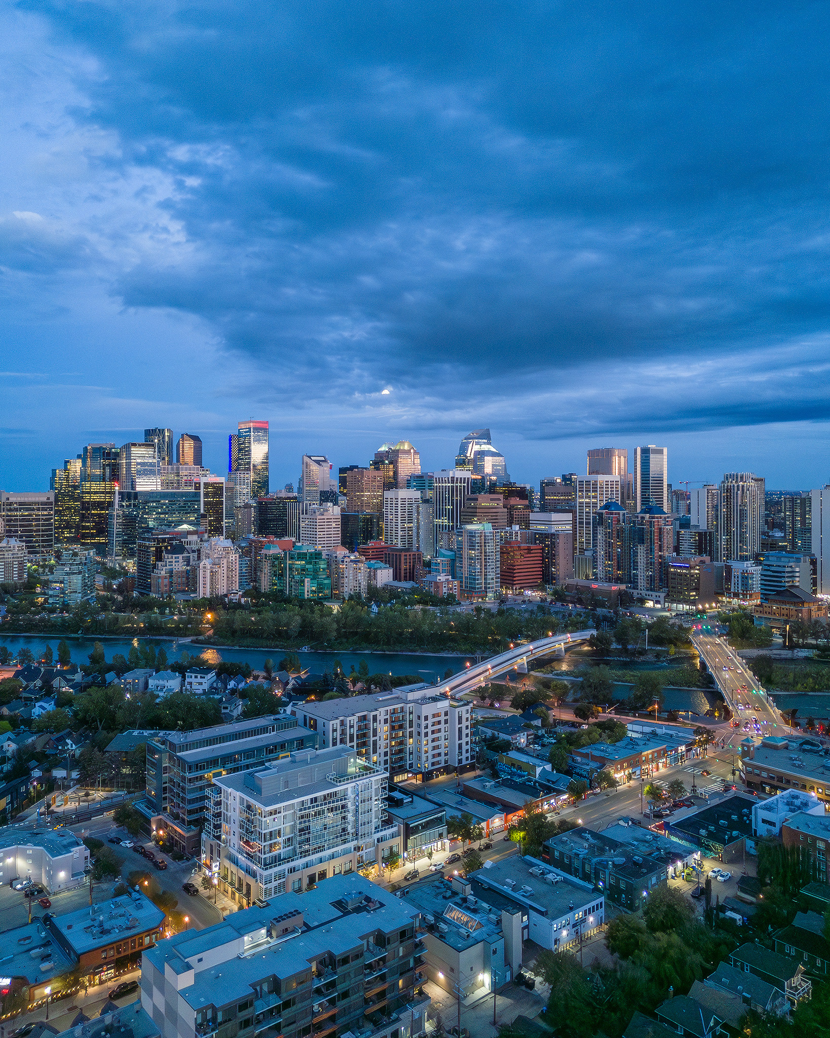 Evening twilight aerial photo of the Downtown skyline, Calgary, AB - September 15th