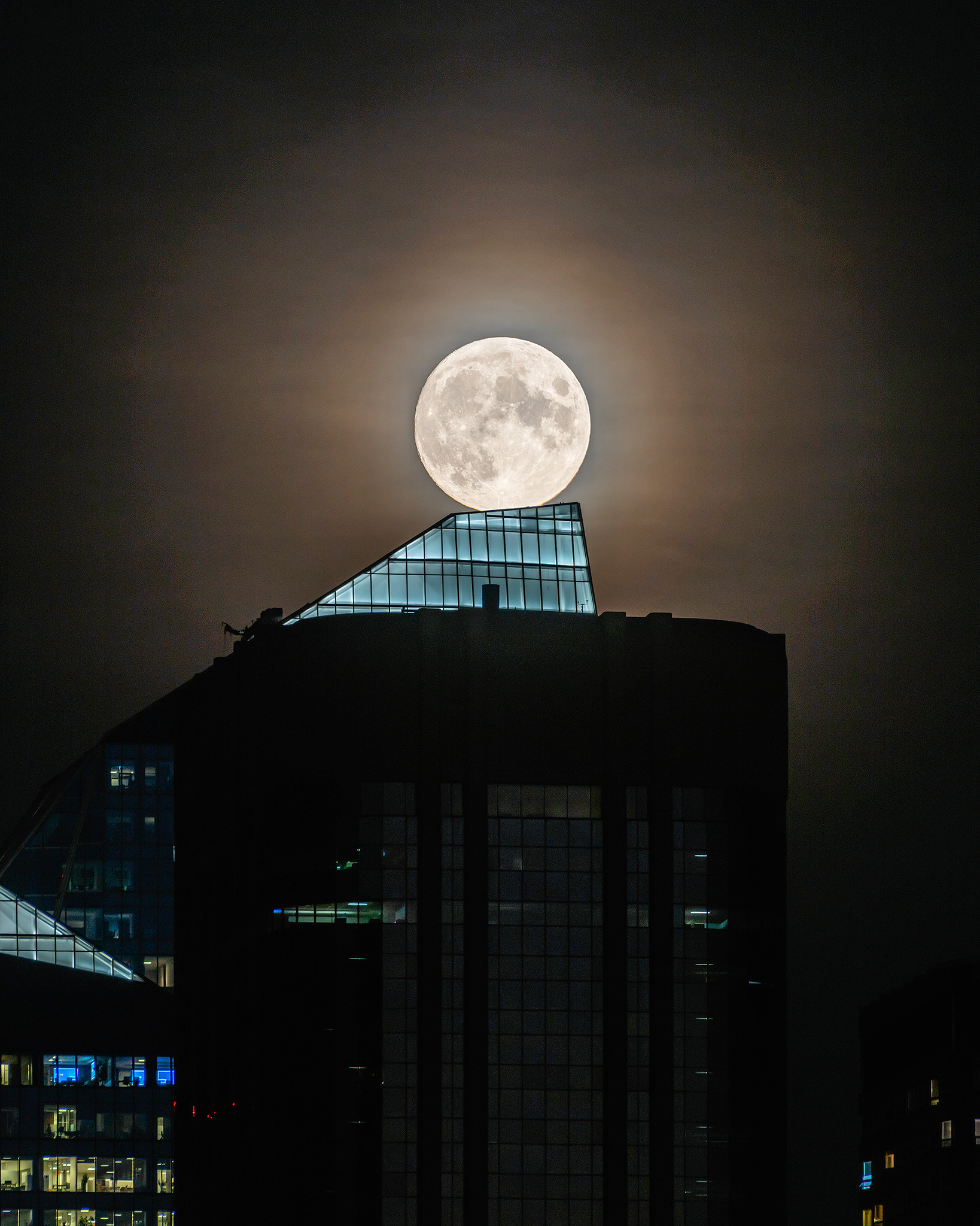 The rising Moon over a portion of the Downtown Calgary skyline, from the Mewata Bridge, Calgary, AB - October 8th (7:49 PM, 38 Mp)