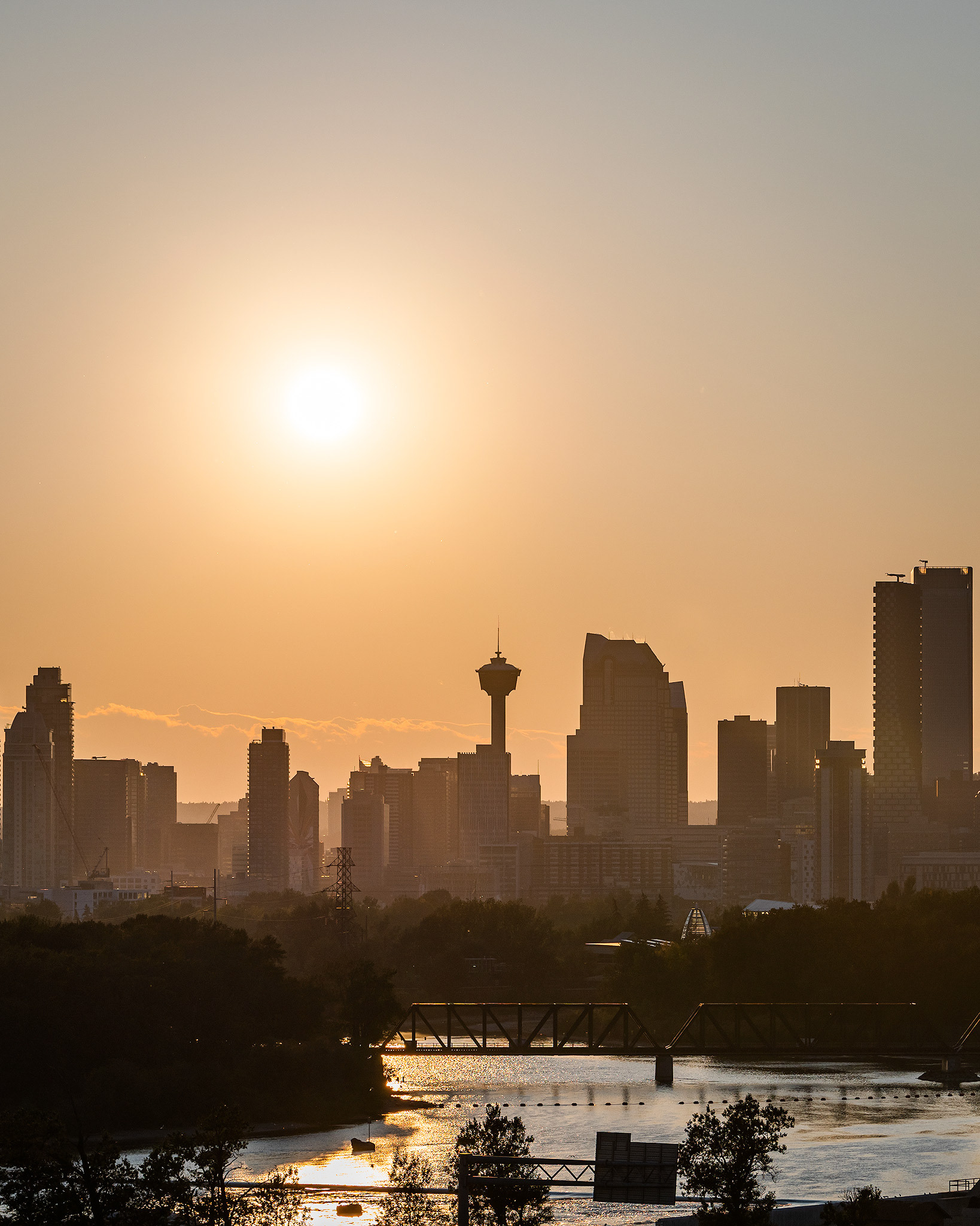 Setting Sun over the Downtown Calgary skyline and Bow River, from near Max Bell Centre, Calgary, AB - September 15th (7:15 PM)