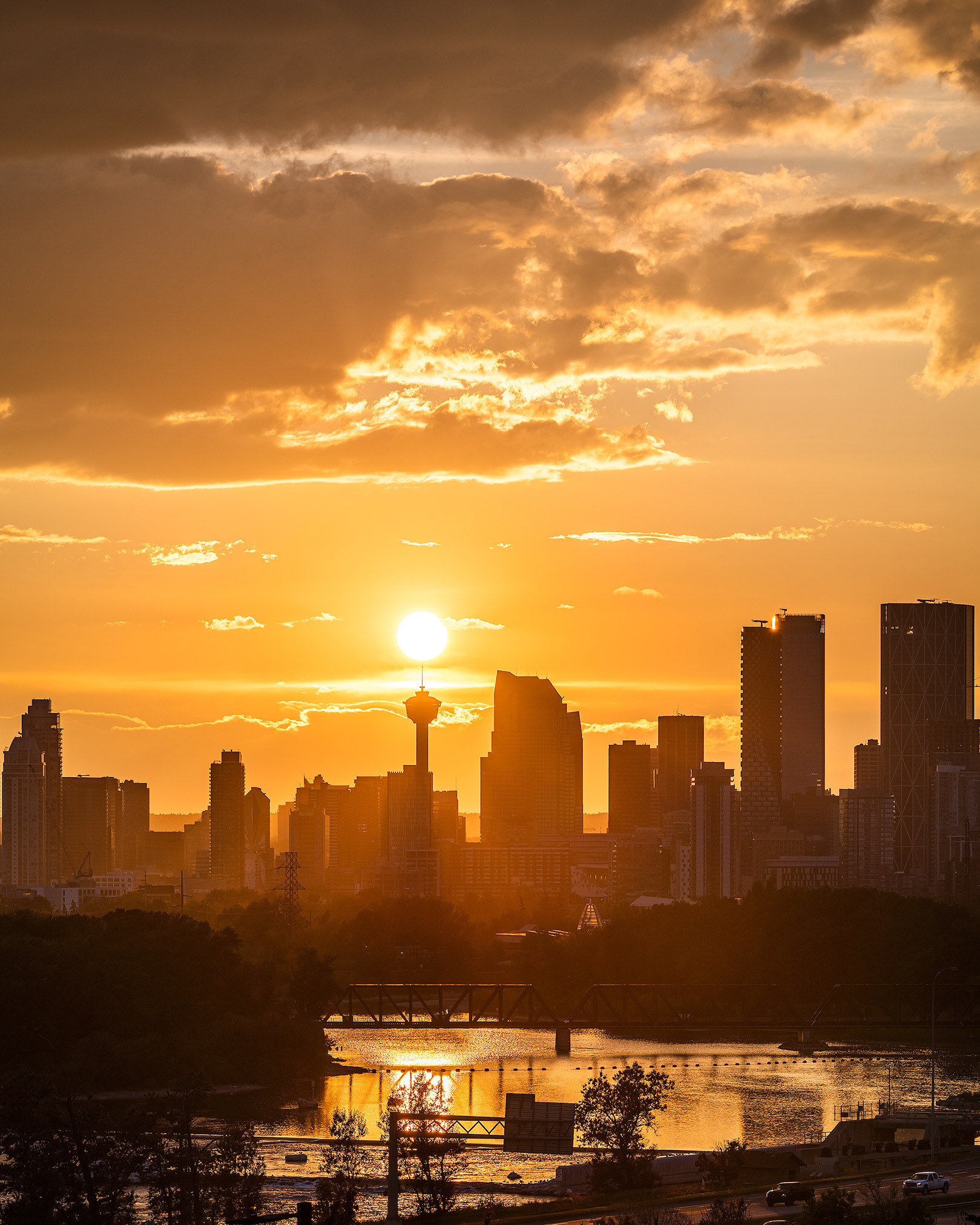 Setting Sun over the Downtown Calgary skyline and Bow River, from near Max Bell Centre, Calgary, AB - September 16th (7:25 PM)