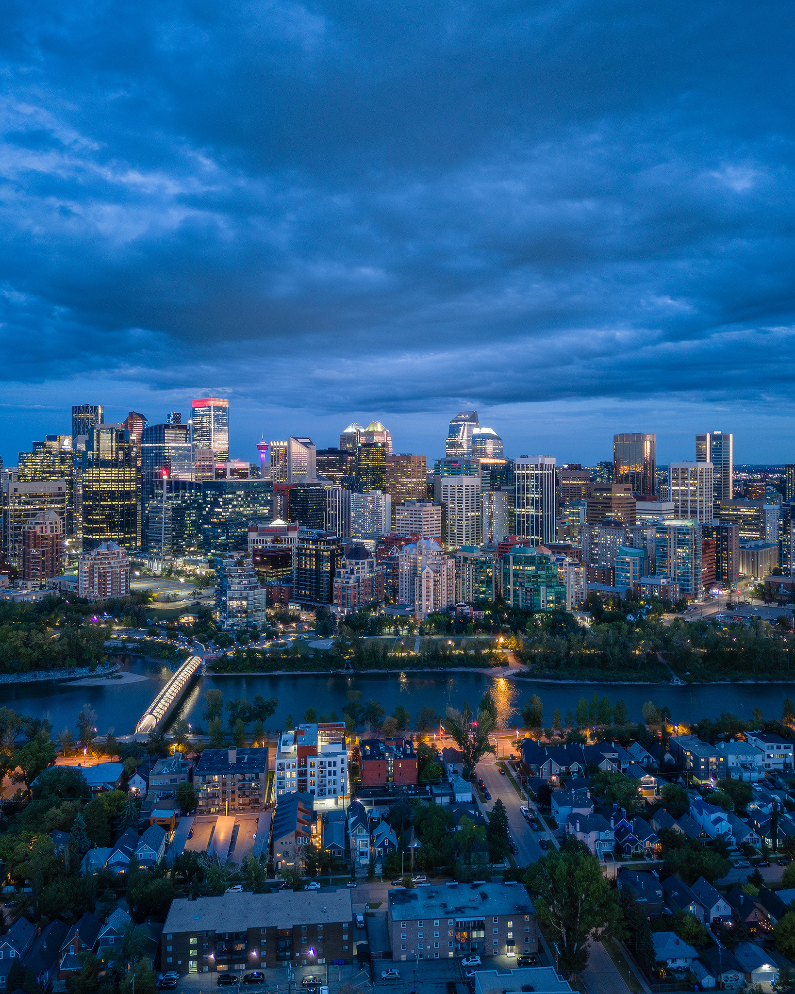 Evening twilight aerial photo of the Downtown skyline, Calgary, AB - September 15th