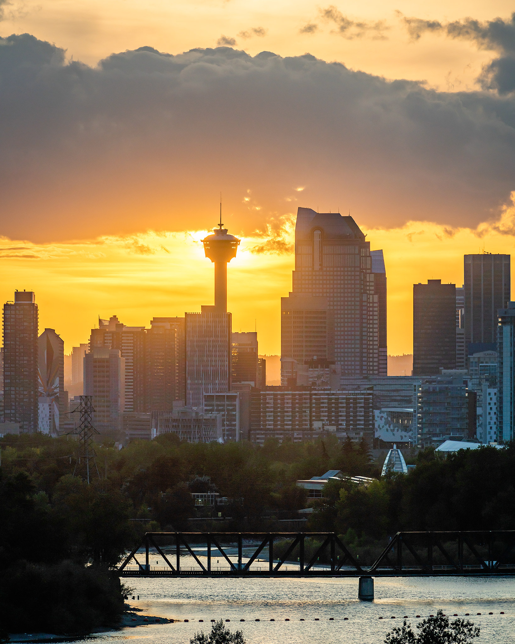 Setting Sun over the Downtown Calgary skyline and Bow River, from near Max Bell Centre, Calgary, AB - September 17th (7:26 PM)