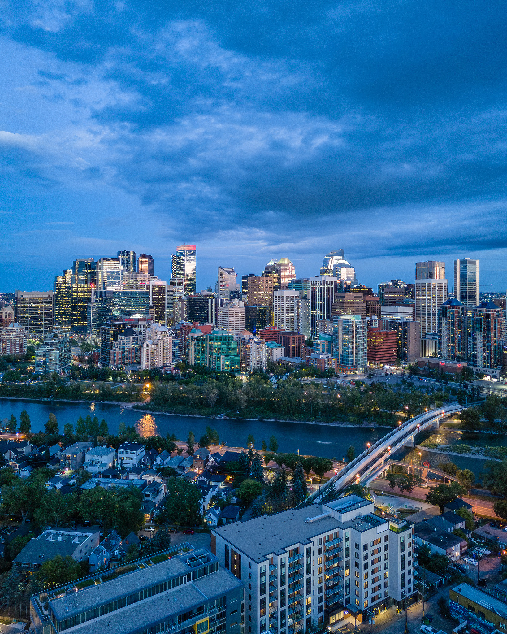 Evening twilight aerial photo of the Downtown skyline, Calgary, AB - September 15th