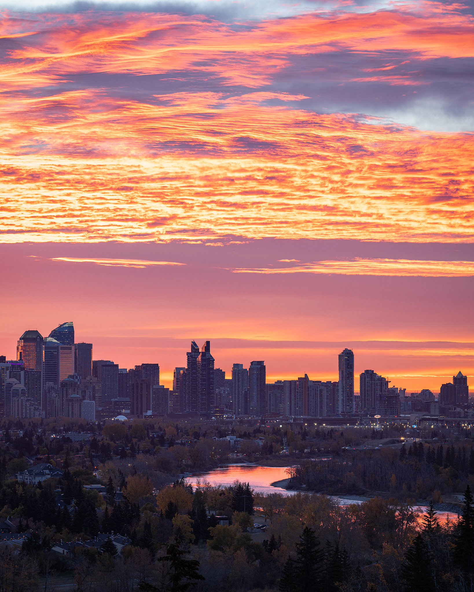 An image of the Downtown Calgary skyline (11 minutes before Sunrise), from Edworthy Park, Calgary, AB - October 14th (7:48 AM, 33 Mp)