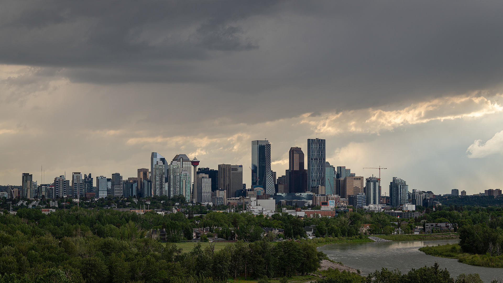 16x9 Cityscape of the downtown skyline, from near Valleyview Park, Calgary, AB