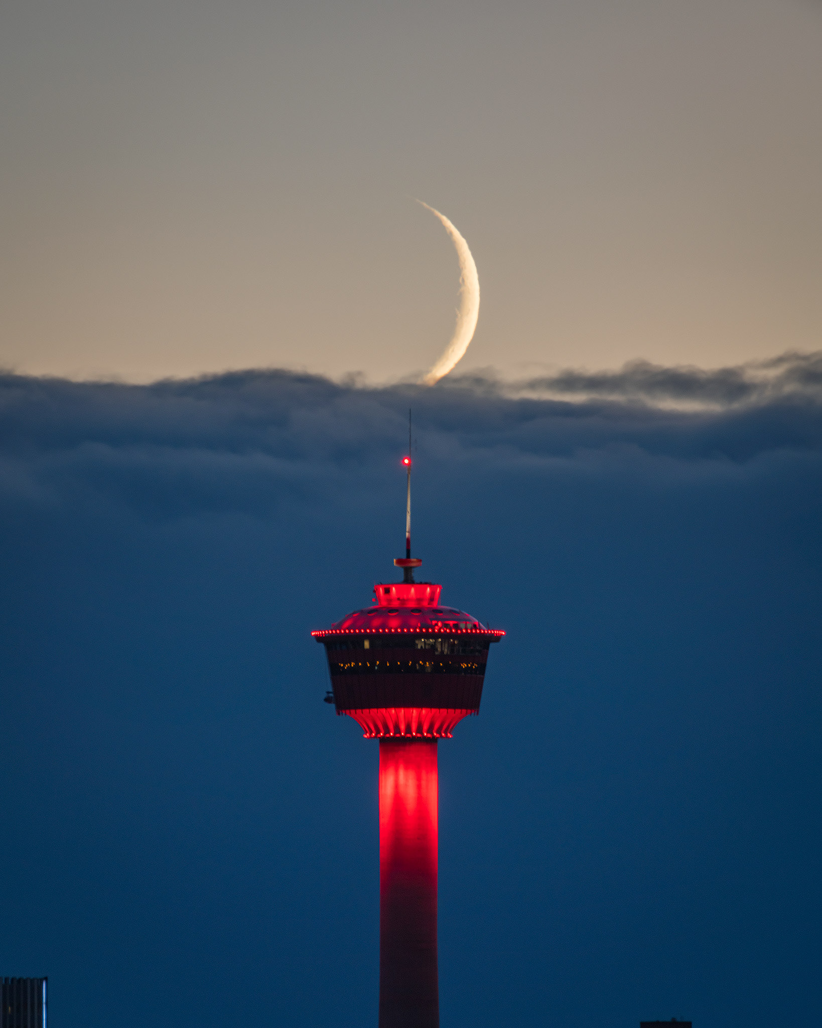 Setting Crescent Moon aligned with the Calgary Tower, from Airways Park, Calgary, AB - October 27th (6:53 PM, 4:5 crop, 34 Mp)