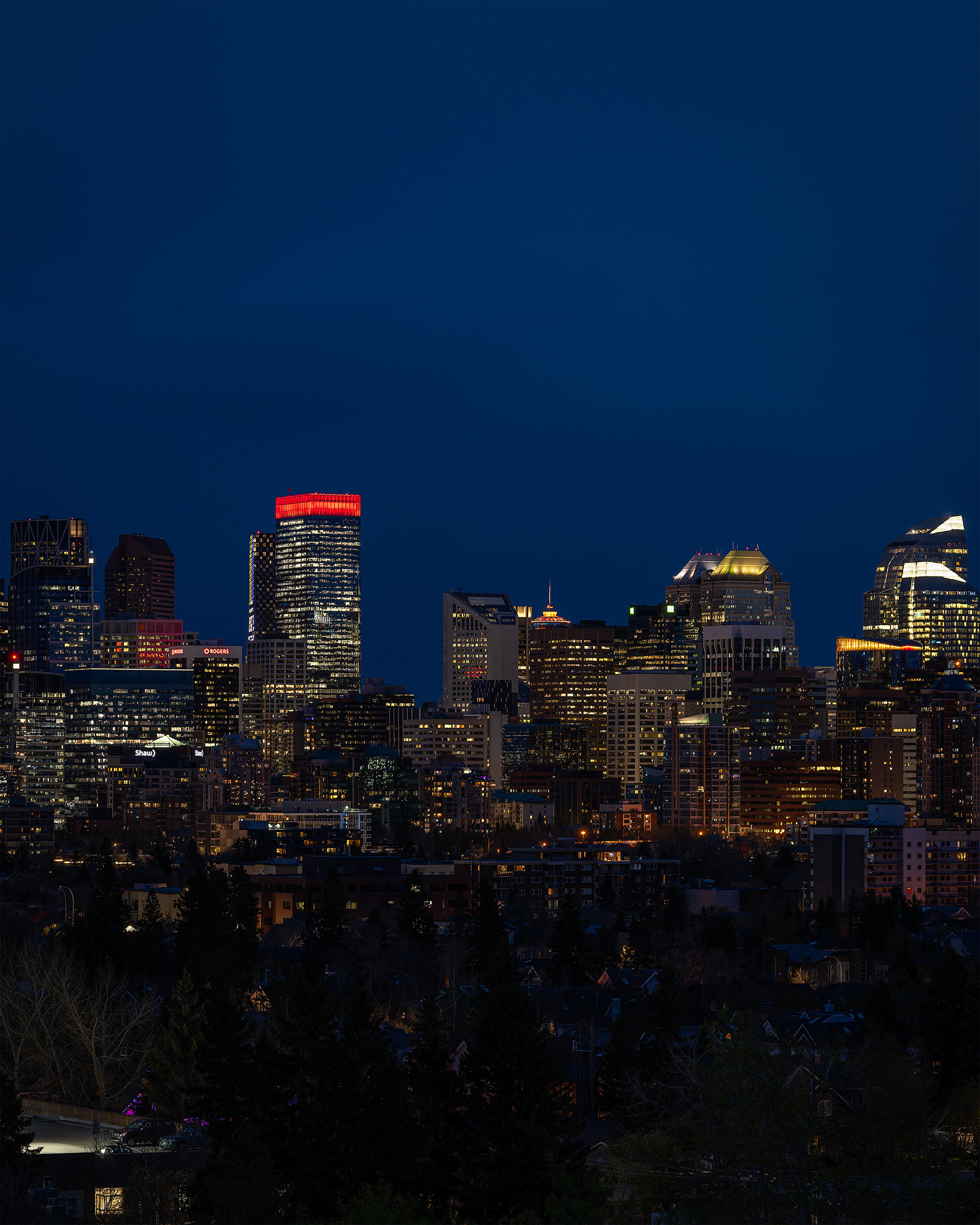 4x5 Panoramic Cityscape (3 shot) of the downtown skyline and (would be) Full Blood Moonrise (Full phase @ 100%, elevation 5.3 degrees) (Nautical Twilight, Sun elevation -6.2 degree), from Grasshopper Hill, West Hillhurst, Calgary, AB