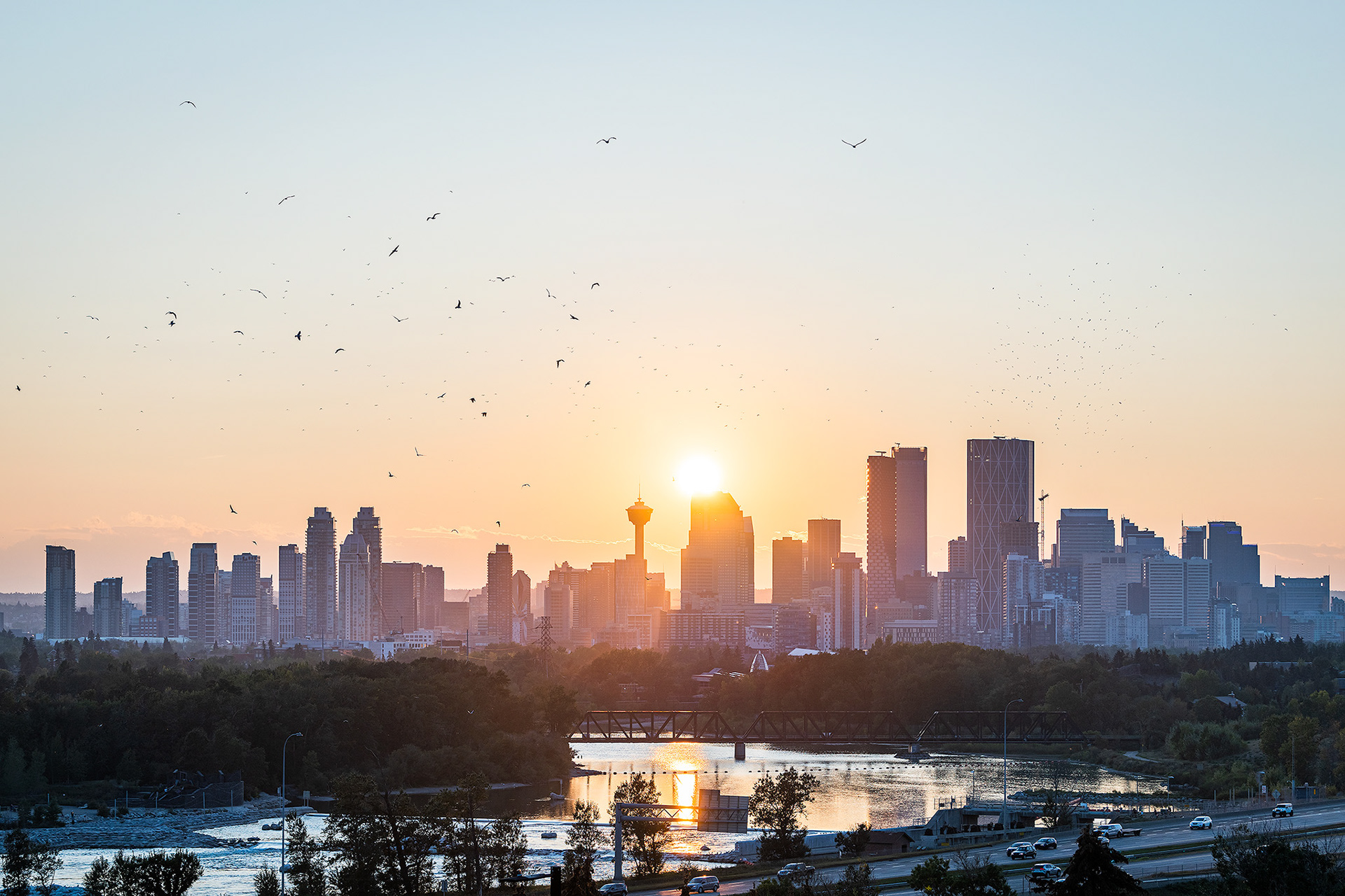 Setting Sun over the Downtown Calgary skyline and Bow River, from near Max Bell Centre, Calgary, AB - September 15th (7:29 PM)