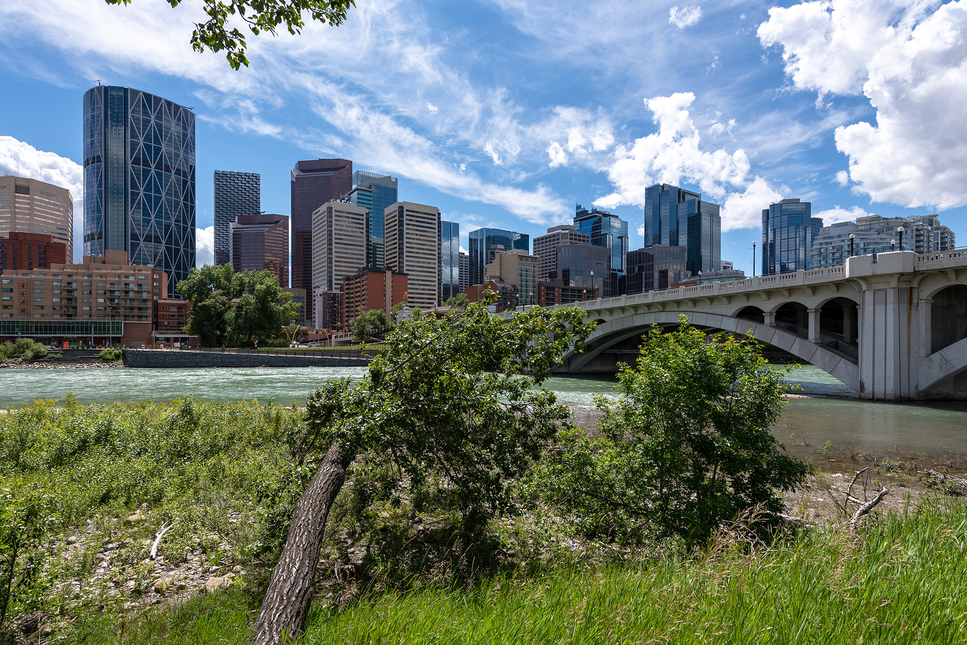 Downtown and Centre Street Bridge view from the Pathway alongside Memorial Drive, Calgary, Alberta