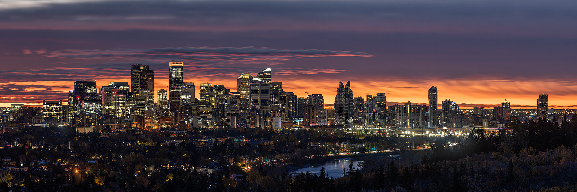 Panoramic Cityscape (pre sunrise) from Edworthy Park, Calgary, Alberta