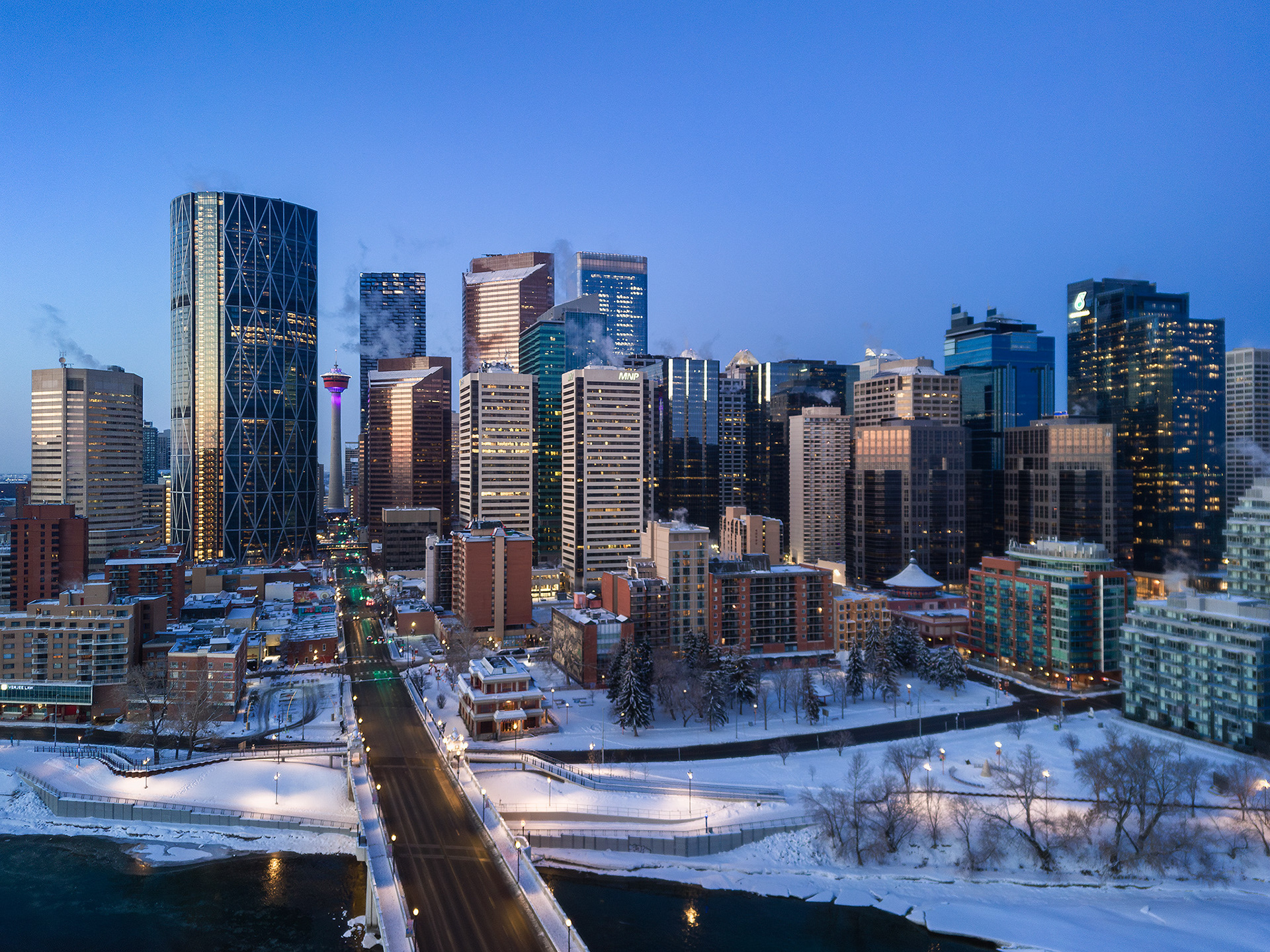 Photo of a portion of the Downtown Calgary skyline, looking down Centre Street S, from near Crescent Heights, Calgary, AB - March 30th