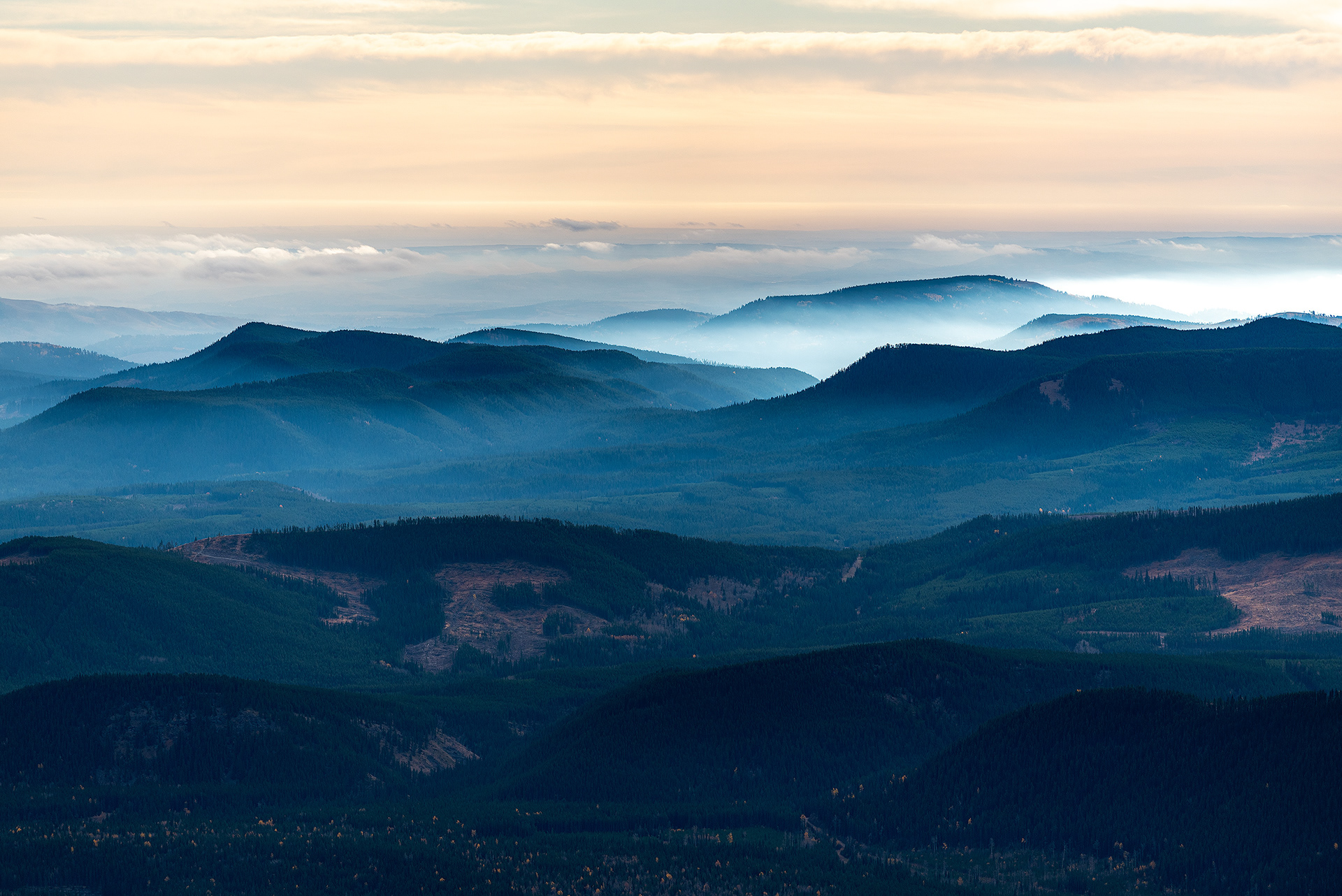 A view of foothills with some valley fog and traces of fall colors from Prairie Mountain, Alberta