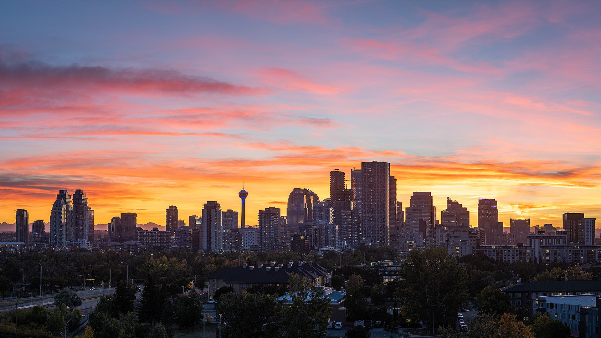 The Downtown Calgary skyline at Sunset, from Tom Campbell's Hill Natural Park, Calgary, AB - September 25th (7:45 PM, 117 Mp)