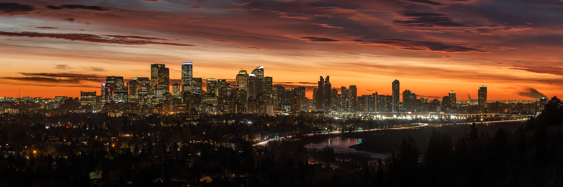 Panoramic Cityscape (pre sunrise) from Edworthy Park, Calgary, Alberta