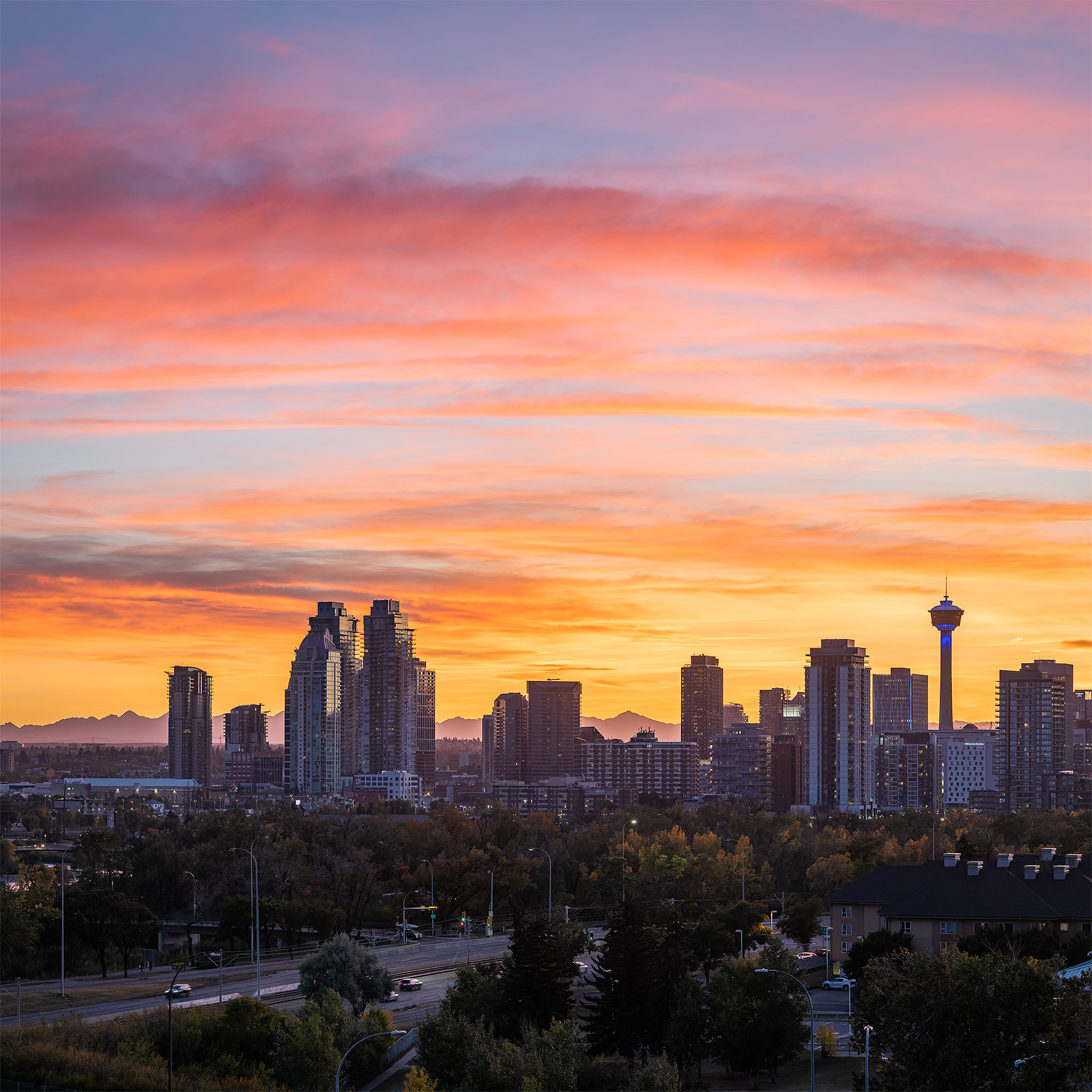 A portion of the Downtown Calgary skyline at Sunset, from Tom Campbell's Hill Natural Park, Calgary, AB - September 25th (7:42 PM, 59Mp)