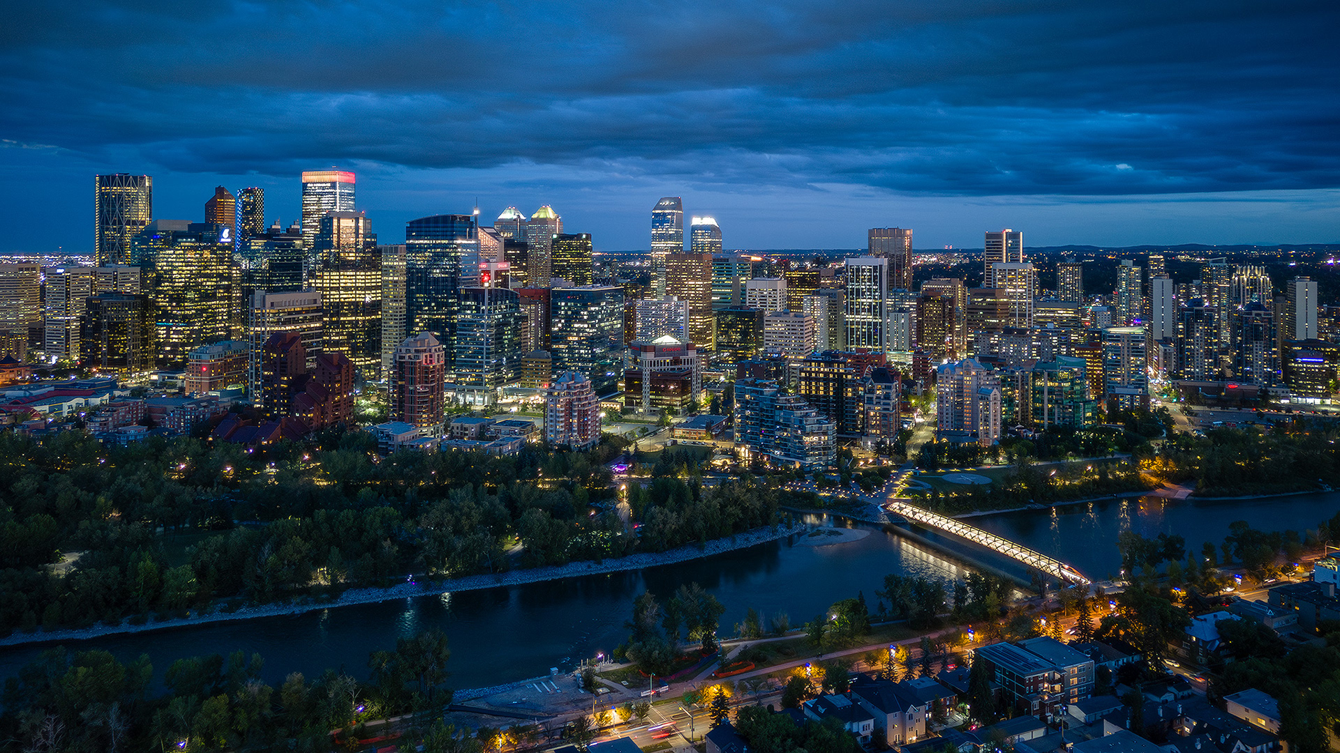 Evening twilight aerial photo of the Downtown skyline, Calgary, AB - September 15th