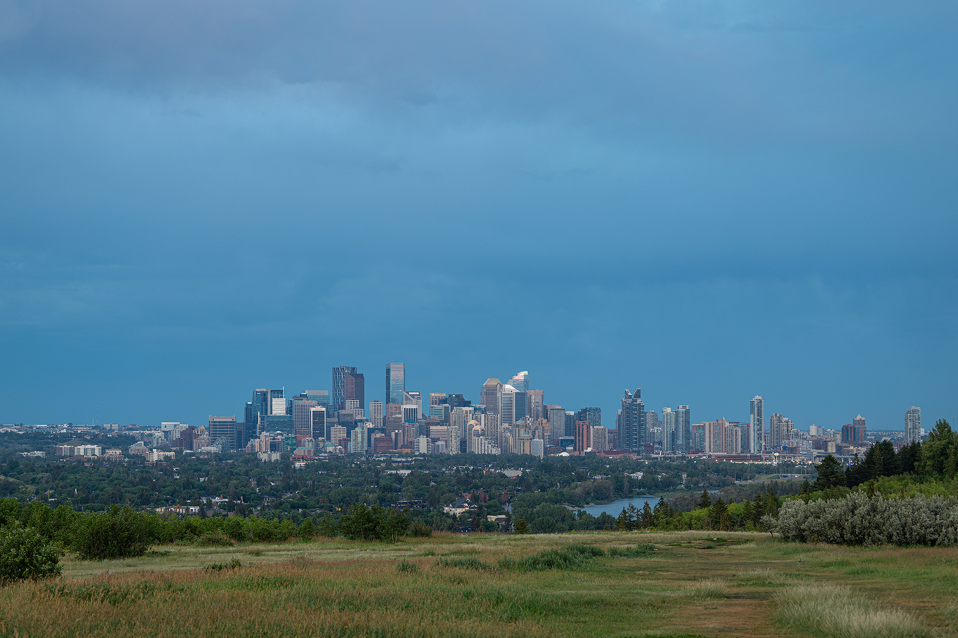 Cityscape of the Downtown Calgary skyline at Sunset, from Edworthy Park, Calgary, AB