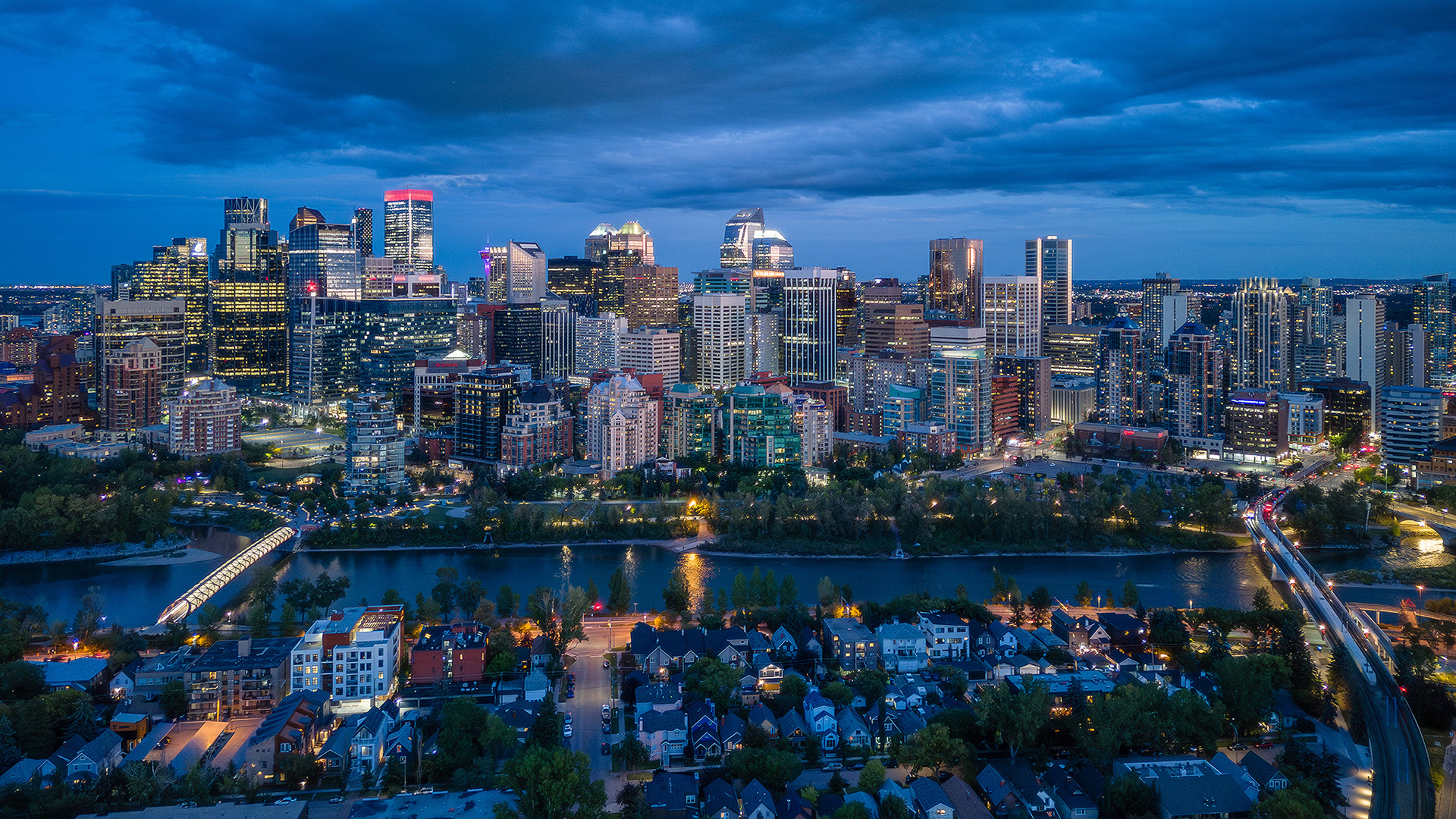 Evening twilight aerial photo of the Downtown skyline, Calgary, AB - September 15th