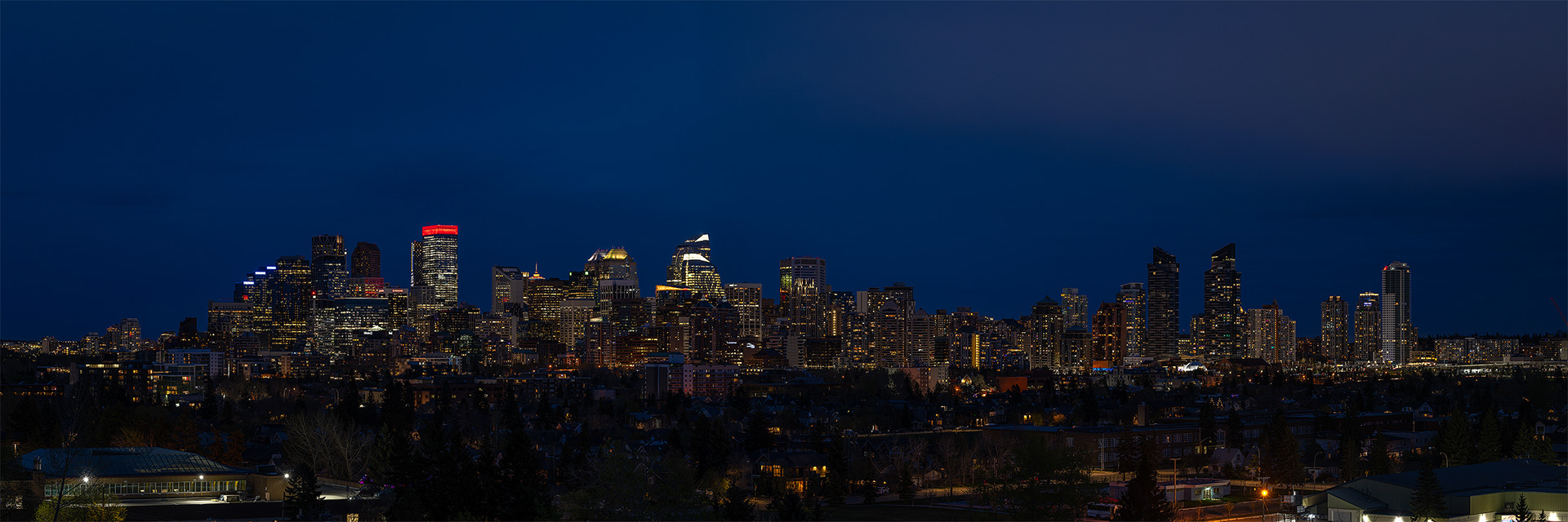 3x1 Panoramic Cityscape (8 shot) of the downtown skyline and (would be) Full Blood Moonrise (Full phase @ 100%, elevation 5.3 degrees) (Nautical Twilight, Sun elevation -6.2 degrees), from Grasshopper Hill, West Hillhurst, Calgary, AB