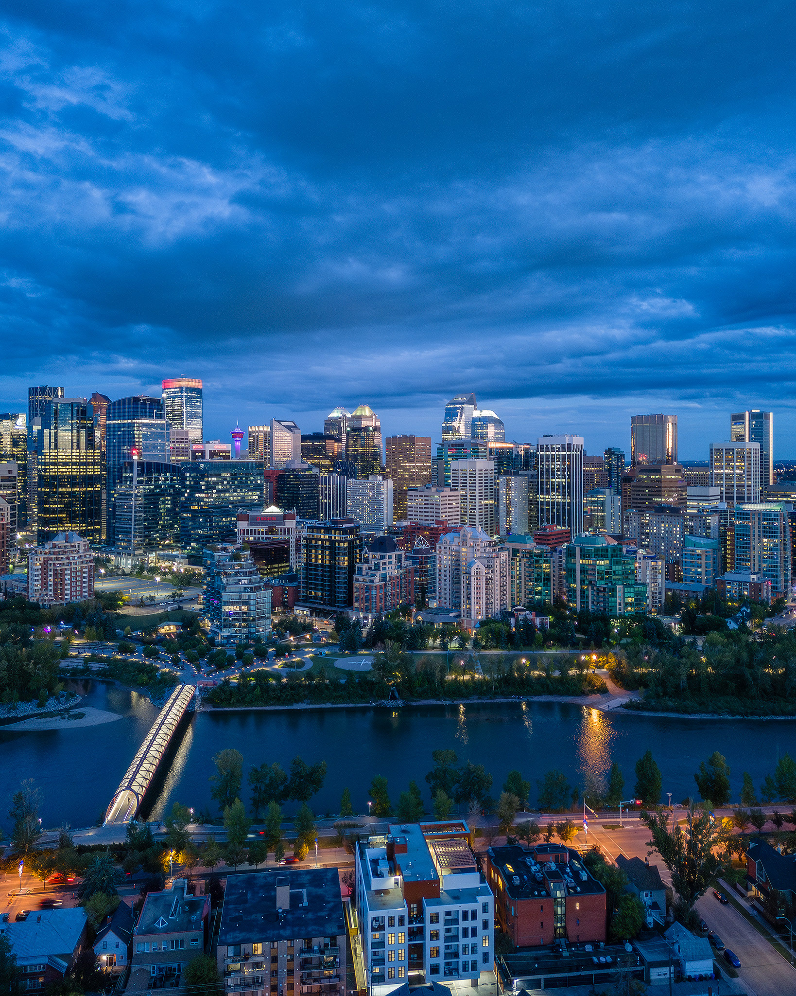 Evening twilight aerial photo of the Downtown skyline, Calgary, AB - September 15th