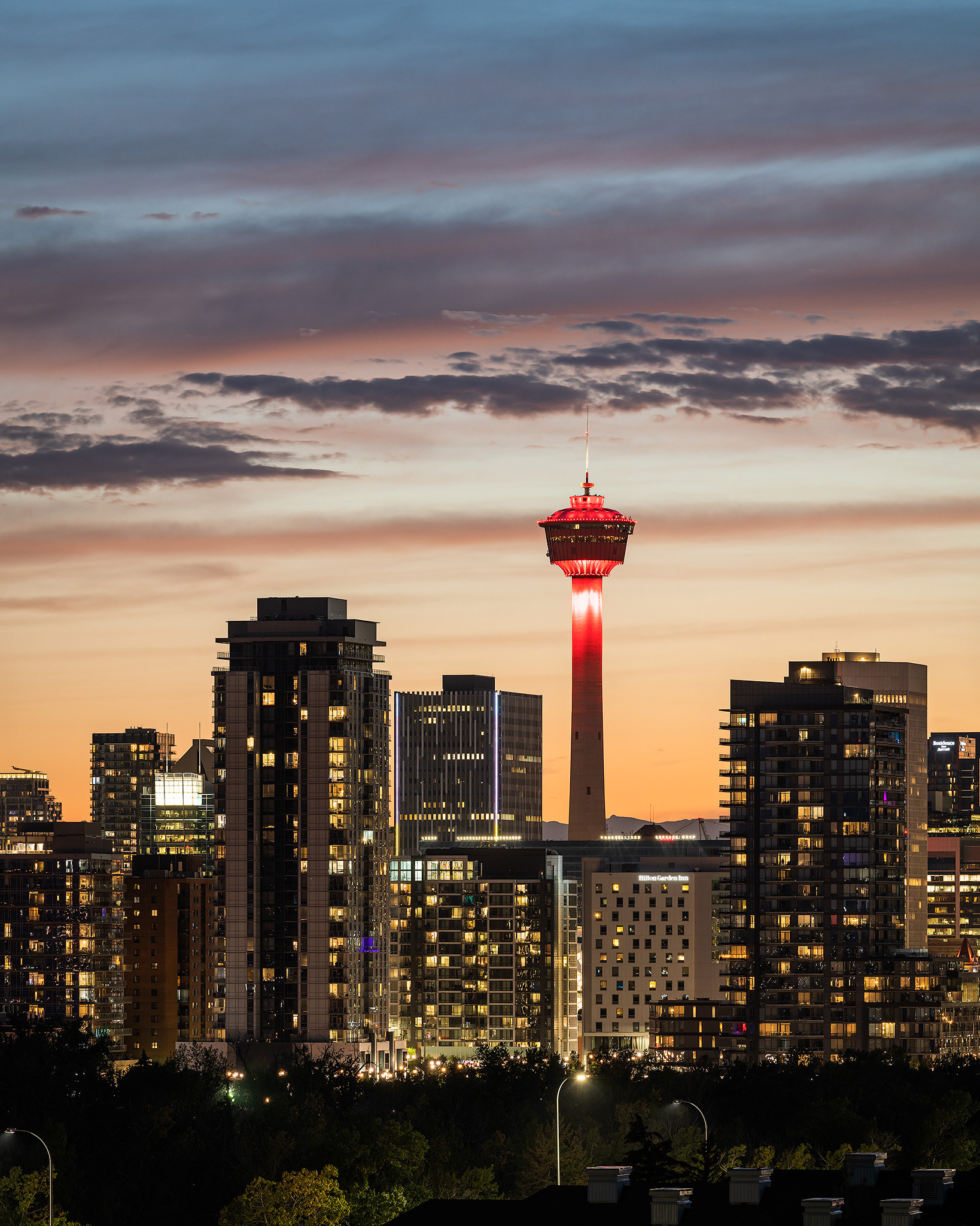 Sunset behind the Calgary Tower/Downtown Calgary skyline, from Tom Campbell's Hill Natural Park, Calgary, AB - September 22nd (8:14 PM)