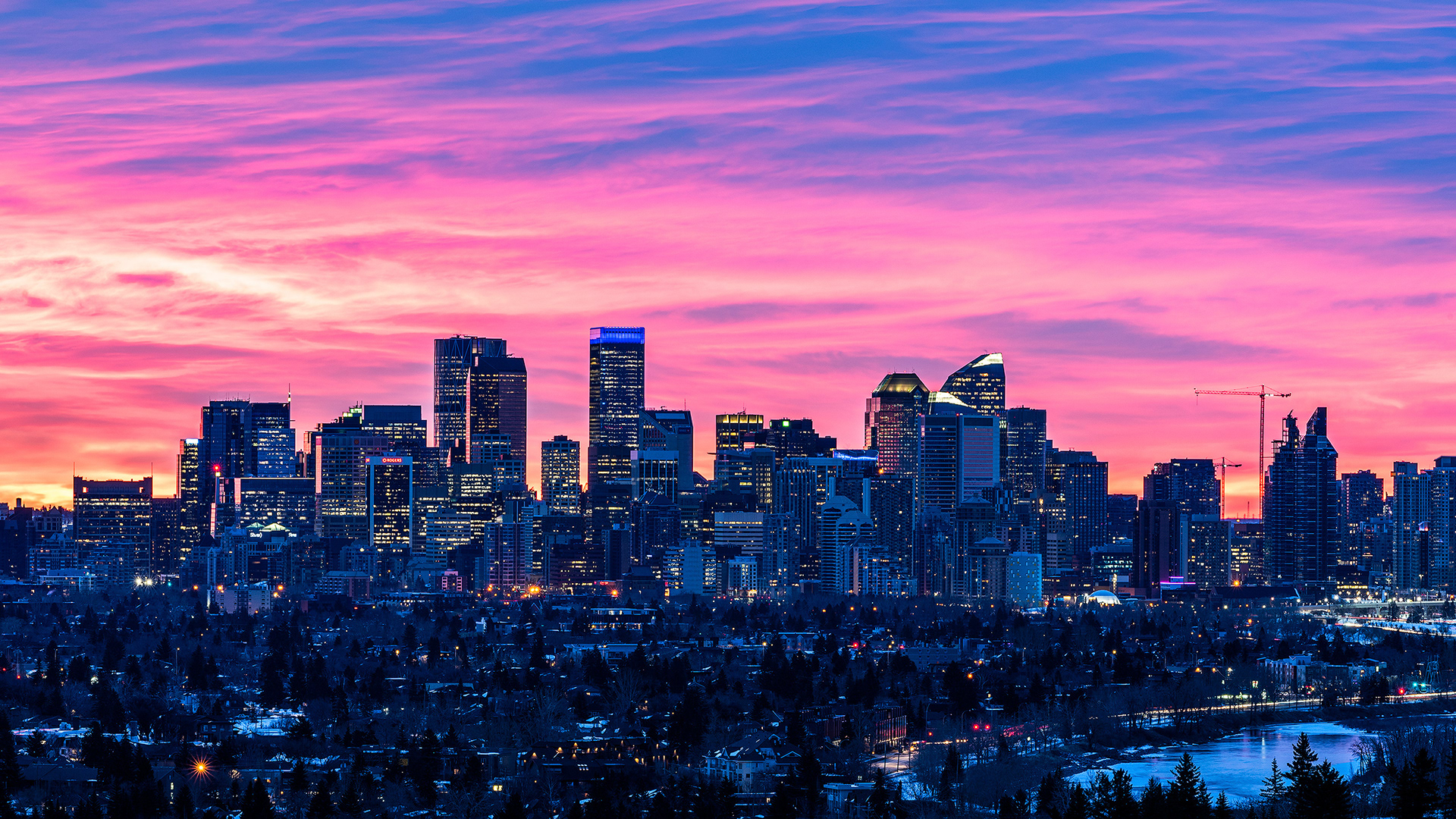 Downtown Calgary (25 minutes before sunrise) from Edworthy Park, Calgary, AB