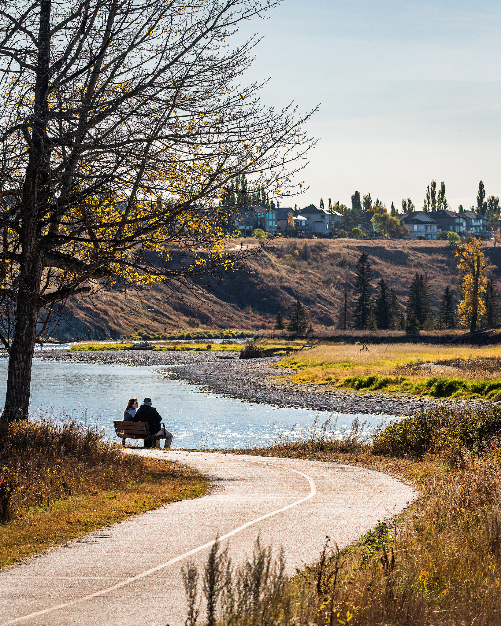 Park pathway, and bench, along the edge of the Bow River, from Douglasbank Park, Calgary, AB - October 12th, 2022 (10:51 AM, 38 Mp)