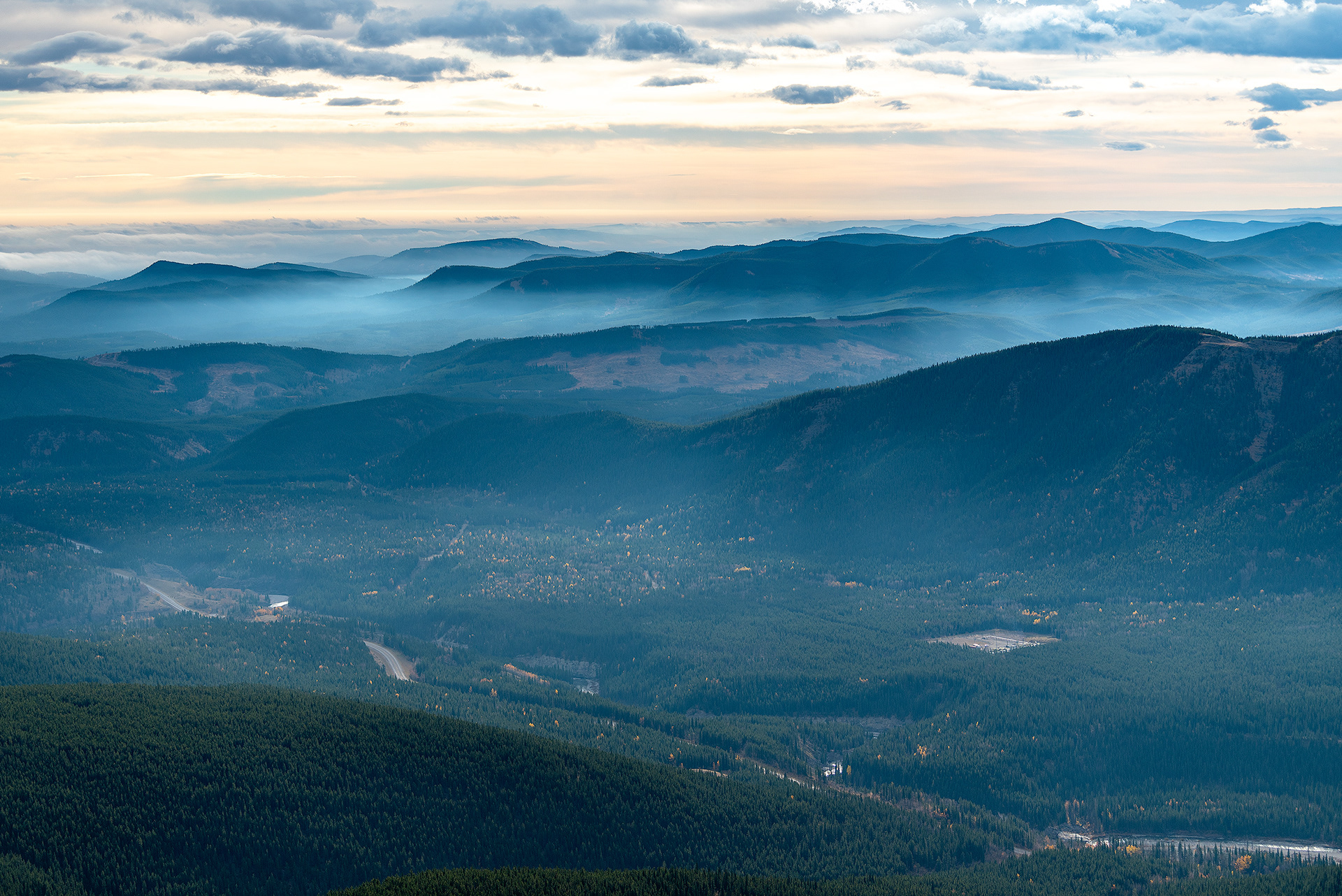 A view of the Elbow River (near Elbow Falls), and foothills with some valley fog, from Prairie Mountain, Alberta