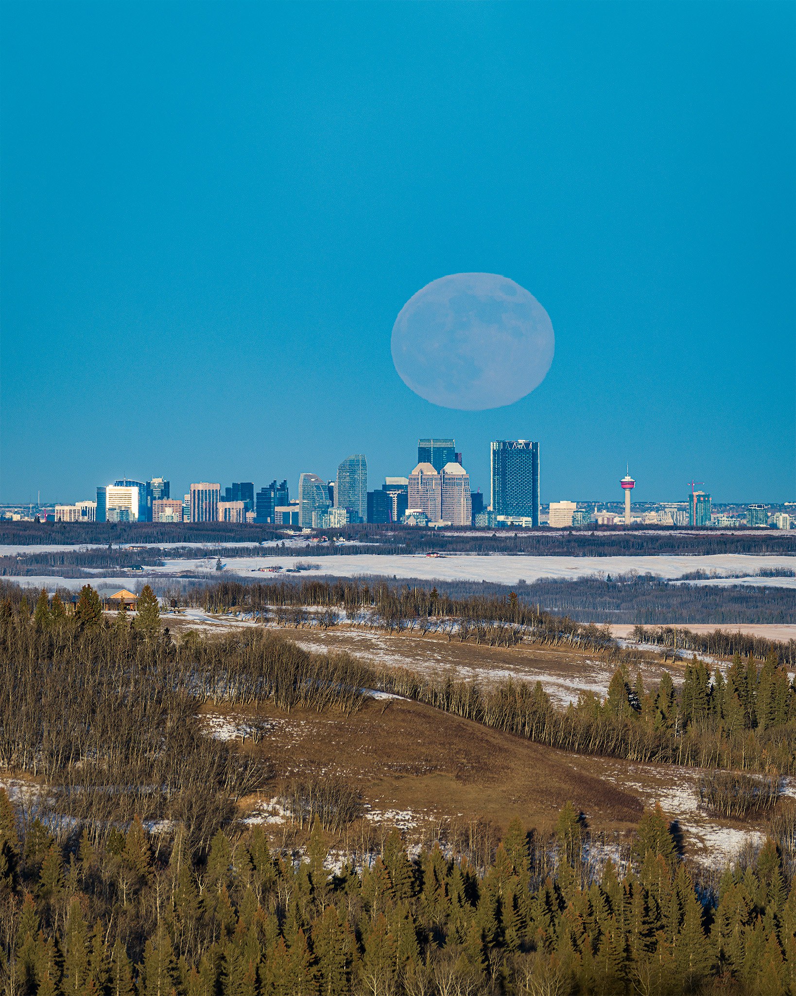 Rising Wolf Moon aligned with the Downtown Calgary skyline, from Brown-Lowery Provincial Park, Alberta - January 6th (4:13 PM, 4:5 crop, 55 Mp)