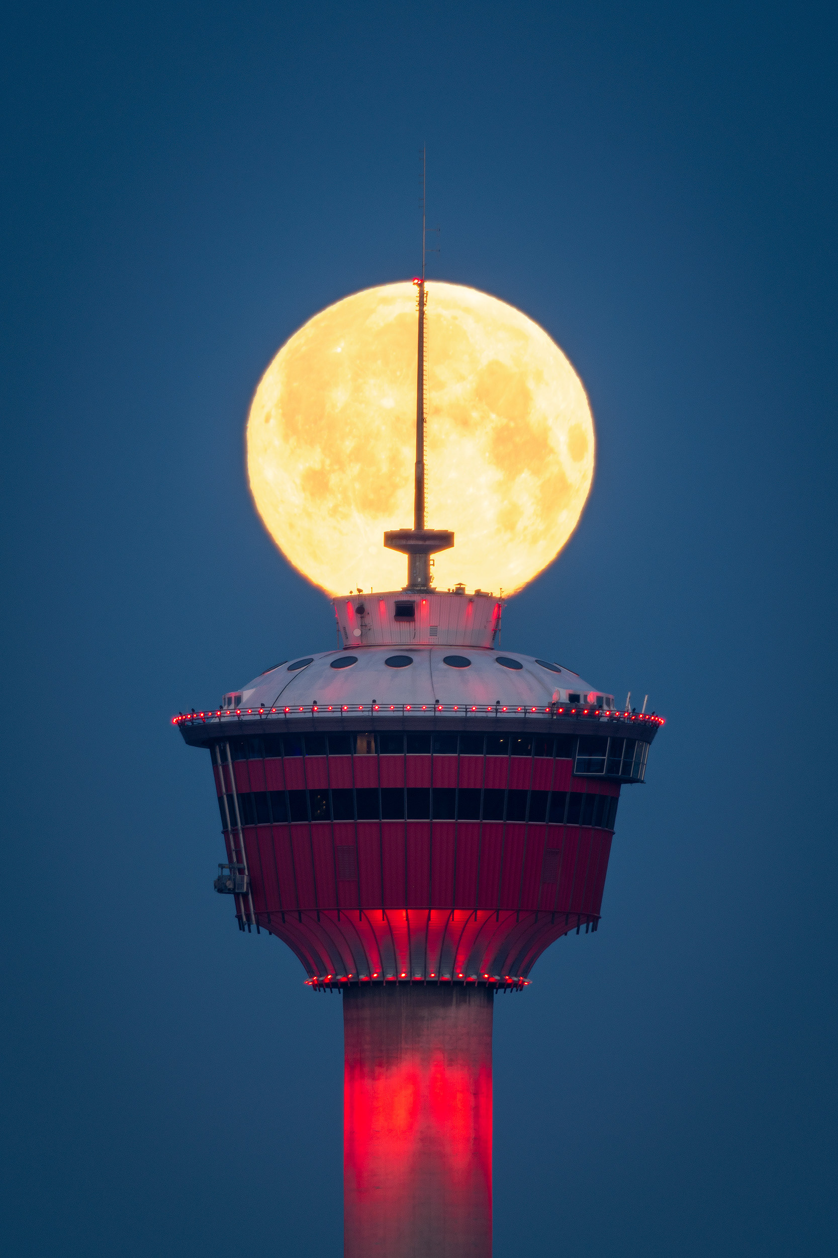 Calgary Tower aligned with the setting Full Moon, from Tom Campbell Hill Natural Park, Calgary, AB