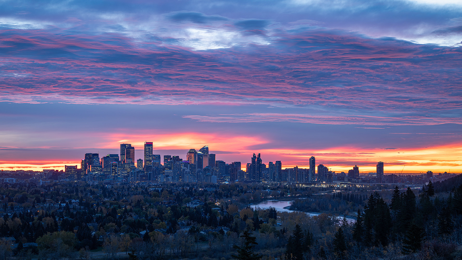 An image of the Downtown Calgary skyline (21 minutes before Sunrise), from Edworthy Park, Calgary, AB - October 14th (7:38 AM, 38 Mp)