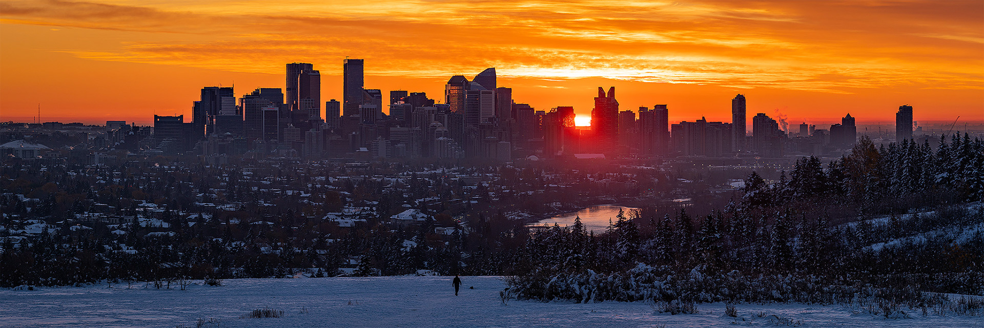 3:1 panoramic (7 shot) image of the Downtown Calgary skyline (at Sunrise), from Edworthy Park, Calgary, AB - October 24th (8:13 AM, 75 Mp)