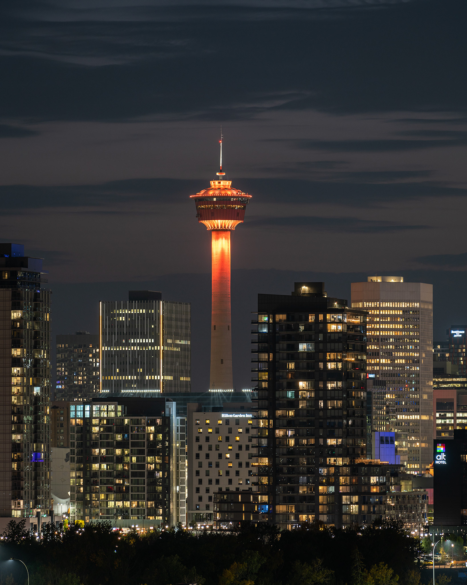 A portion of the Downtown Calgary skyline at Sunset (featuring the Calgary Tower), from Tom Campbell's Hill Natural Park, Calgary, AB - September 25th (8:12 PM, 28 Mp)