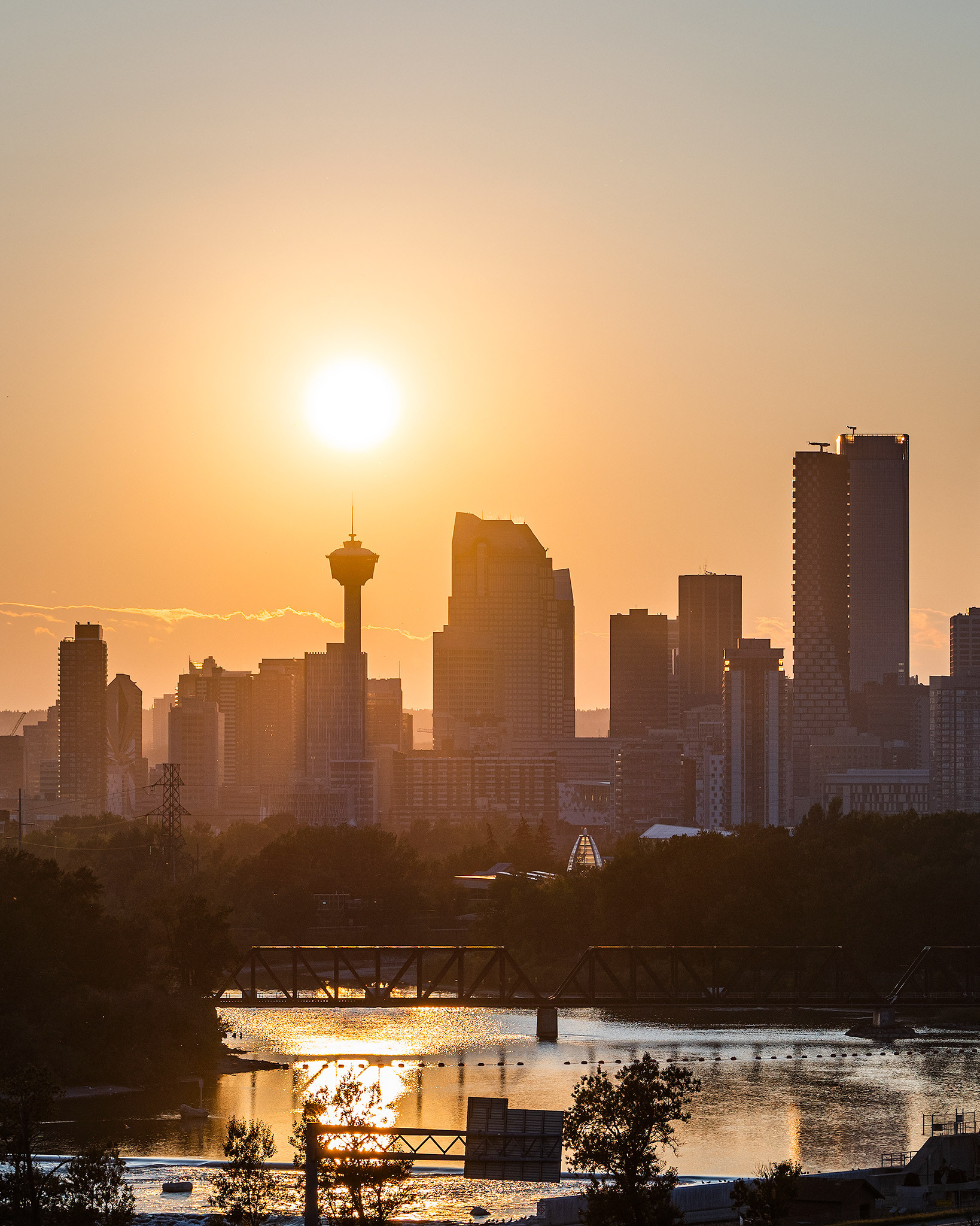 Setting Sun over the Downtown Calgary skyline and Bow River, from near Max Bell Centre, Calgary, AB - September 15th (7:24 PM)