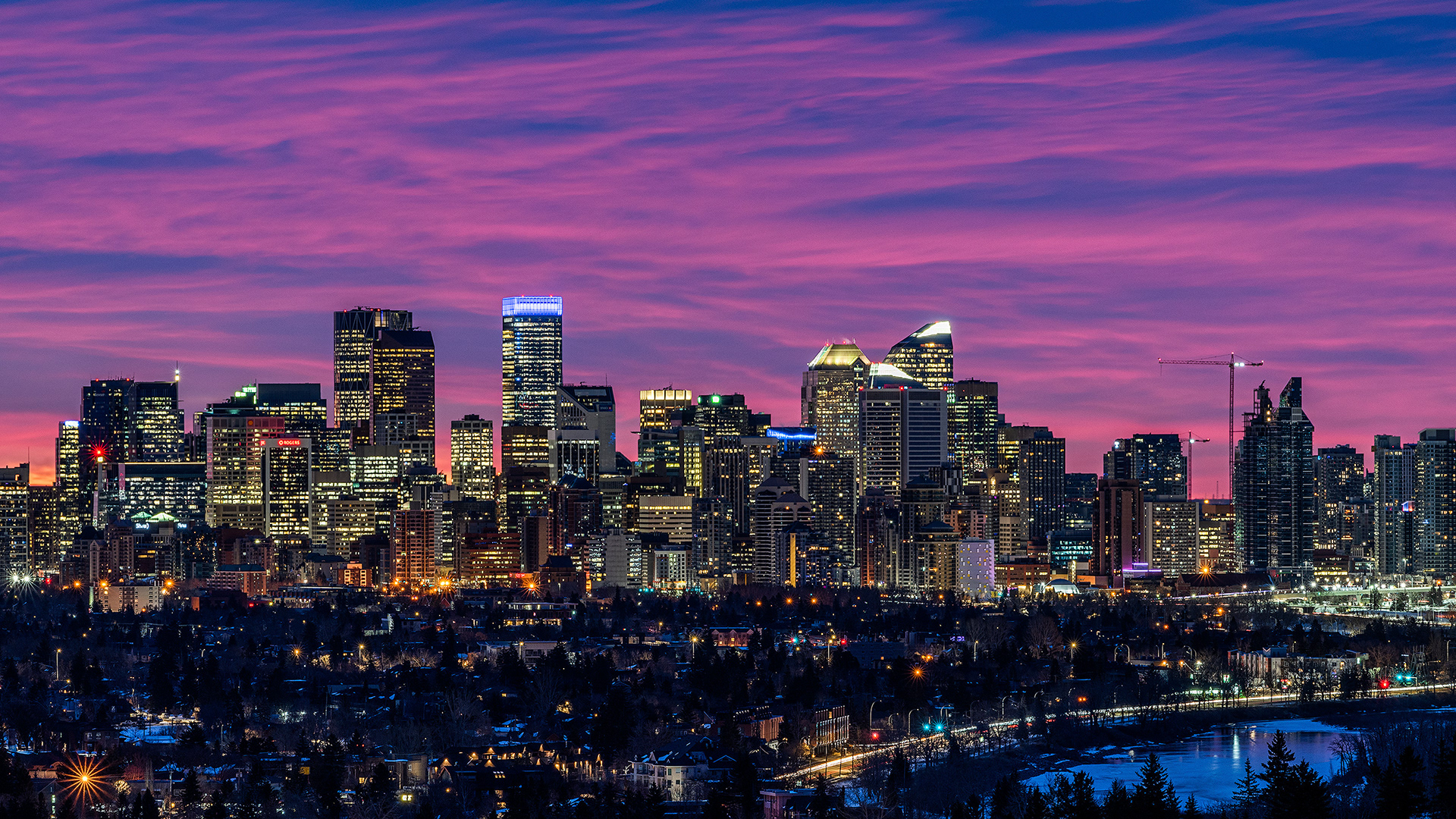 Downtown Calgary (41 minutes before sunrise) from Edworthy Park, Calgary, AB
