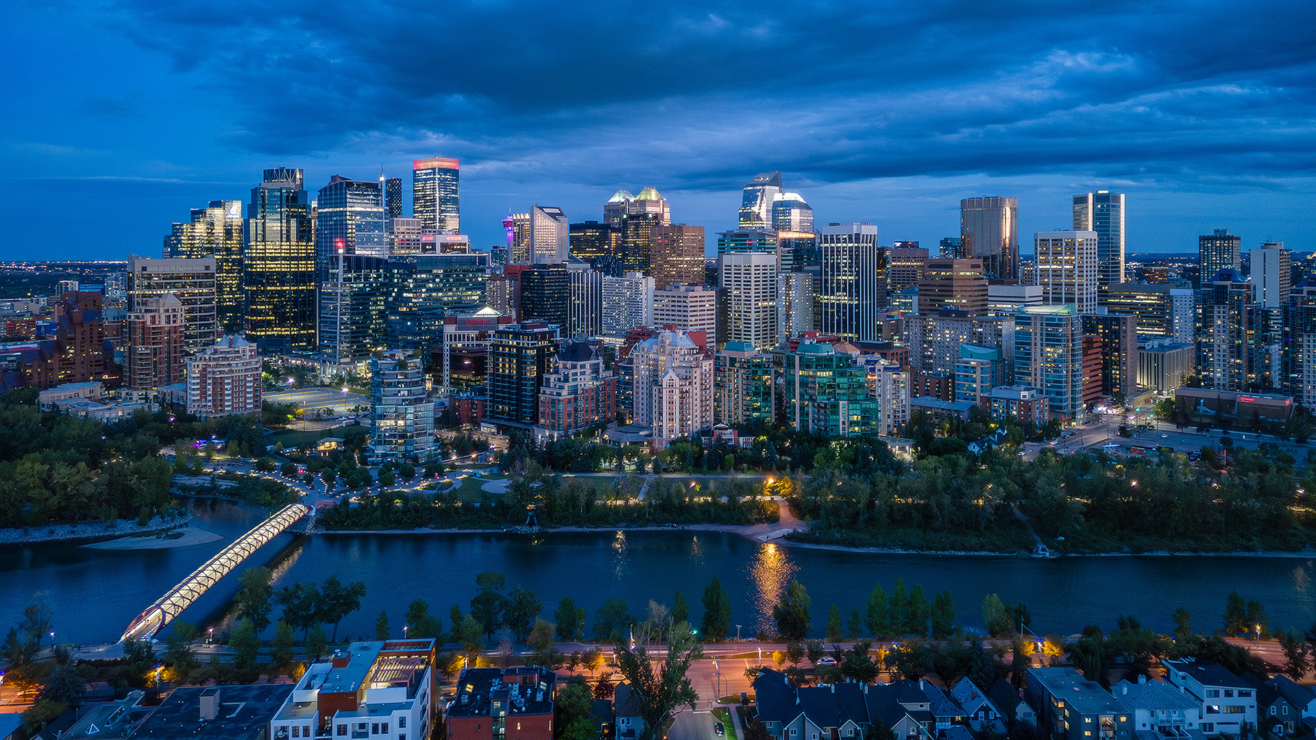 Evening twilight aerial photo of the Downtown skyline, Calgary, AB - September 15th