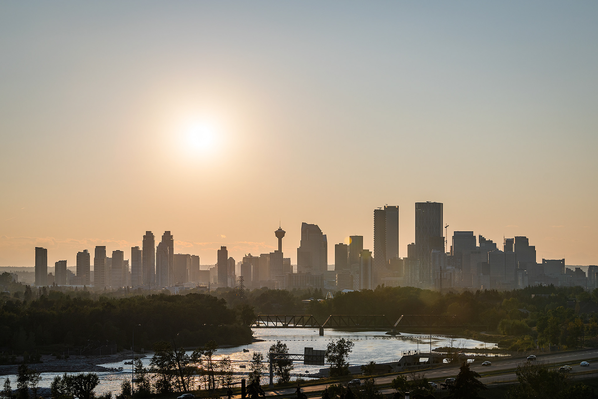 Setting Sun over the Downtown Calgary skyline and Bow River, from near Max Bell Centre, Calgary, AB - September 15th (7:08 PM)