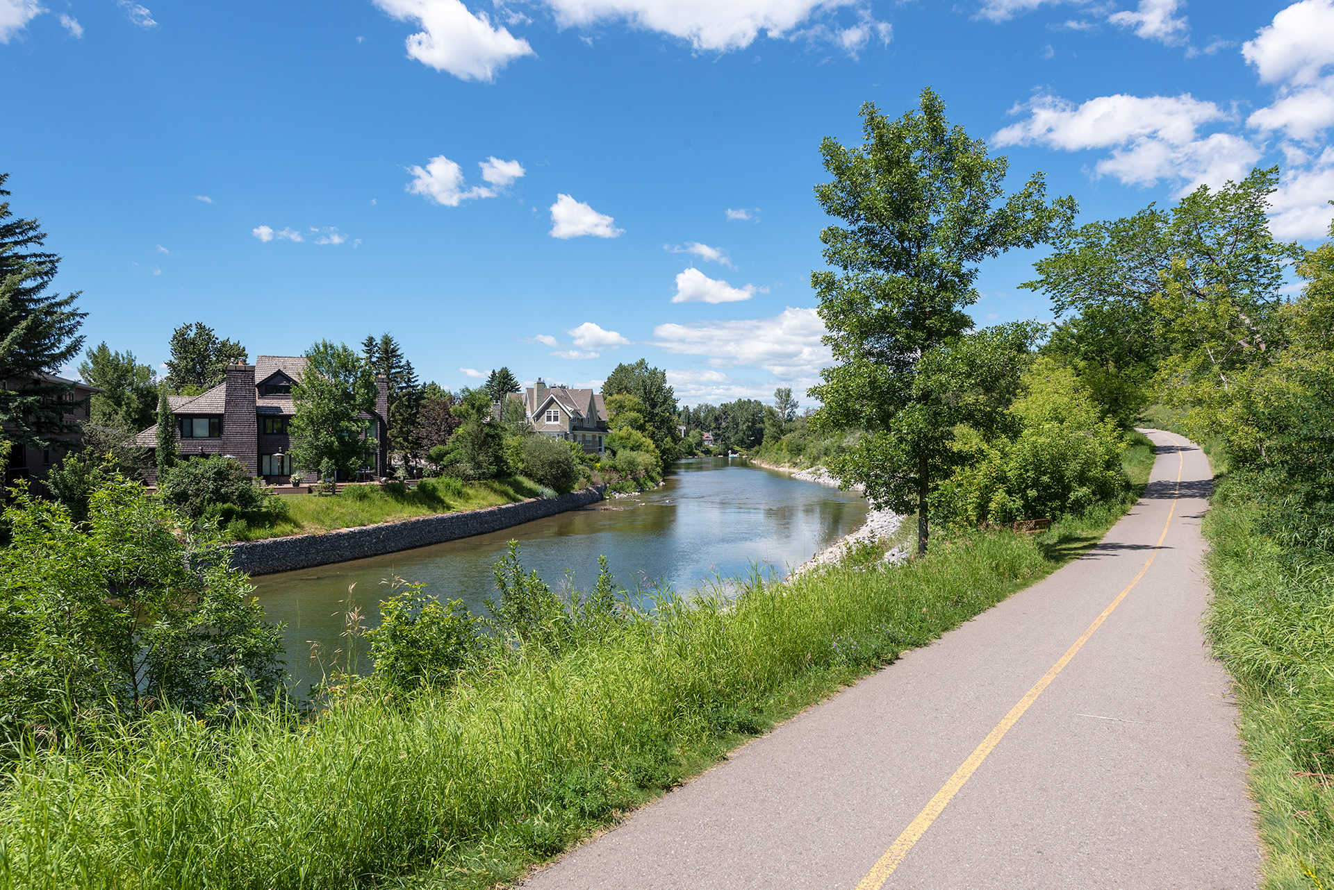 Downstream view of some very nice backyards, the Elbow River, and the Pathway, from near Stanley Park