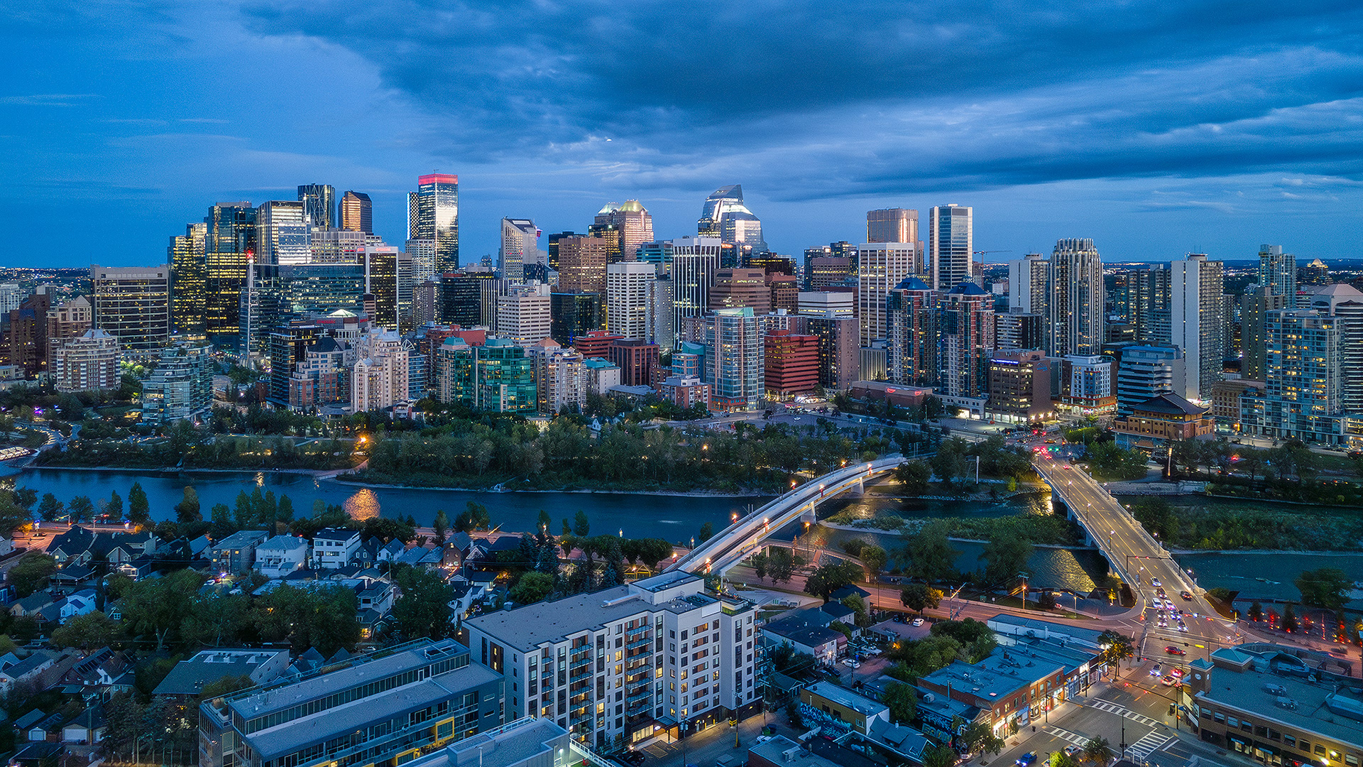 Evening twilight aerial photo of the Downtown skyline, Calgary, AB - September 15th