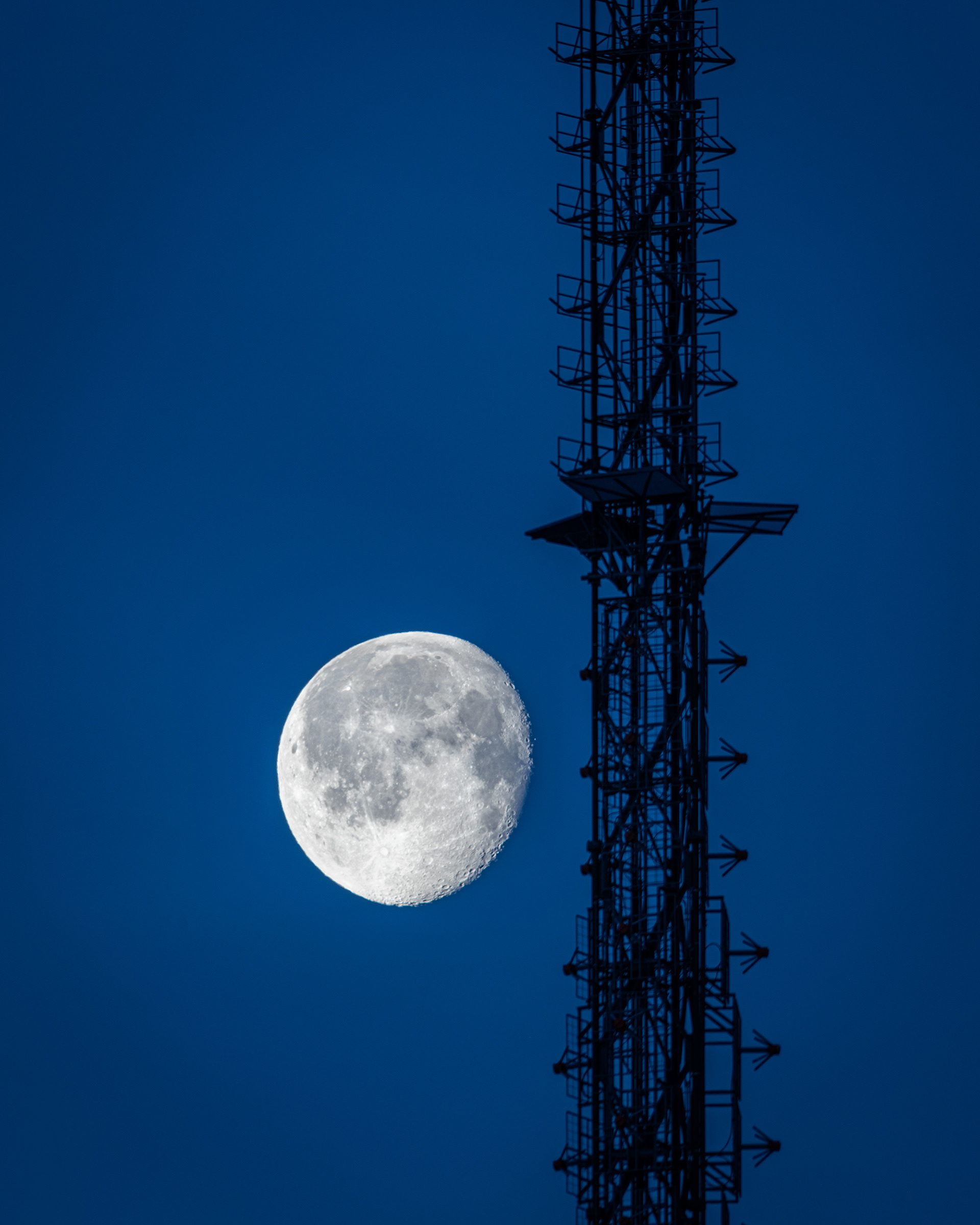 Moon (Waning Gibbous), and a tower (one of countless) along Sarcee Tr. from Edworthy Park (focus set on the moon), Calgary, AB